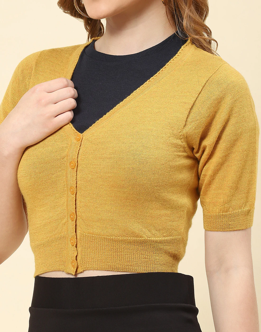Women Mustard Solid V Neck Half Sleeve Blouse - Image 6