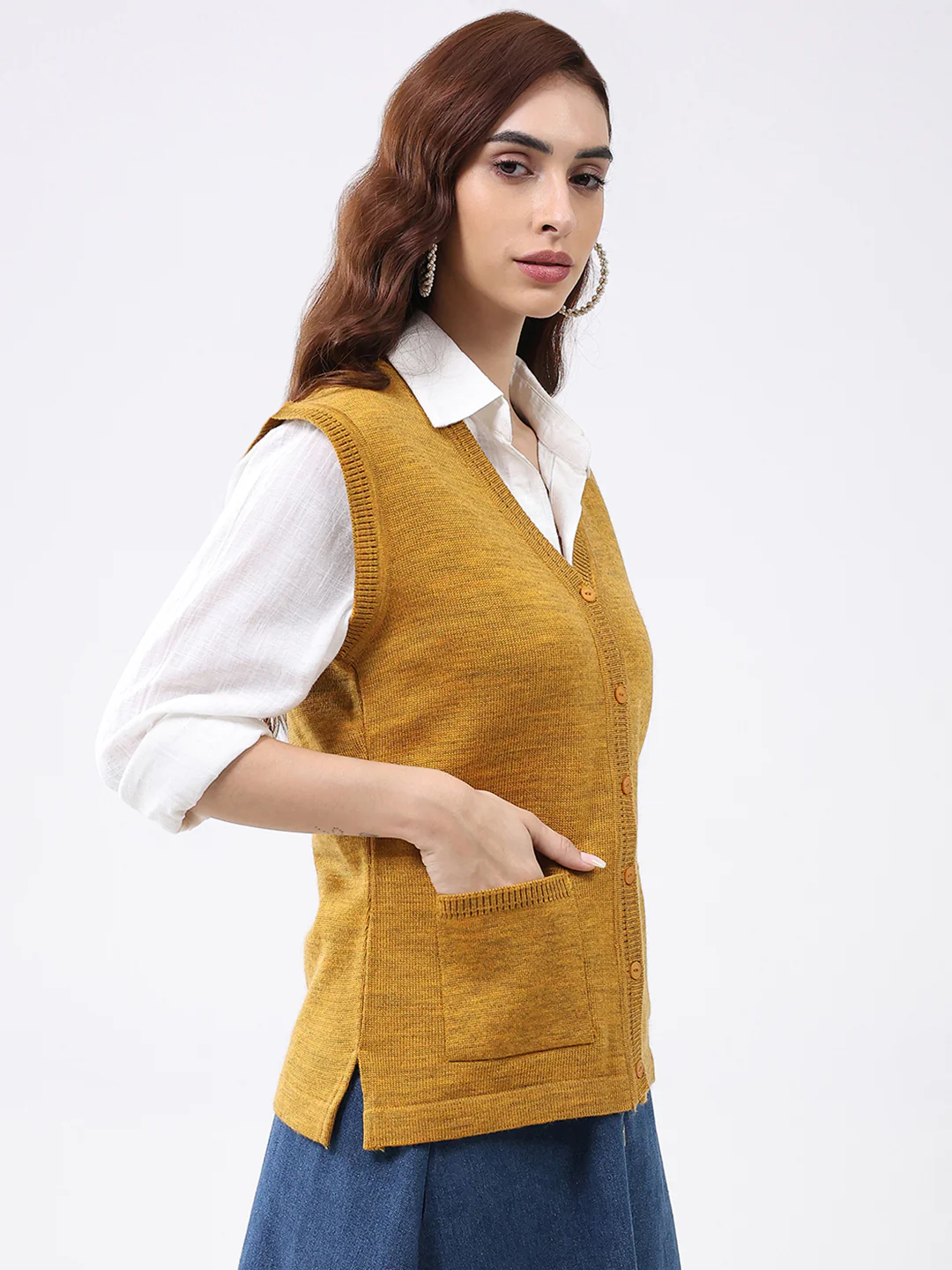 Women Mustard Solid V Neck Sleeveless Cardigan - Image 4