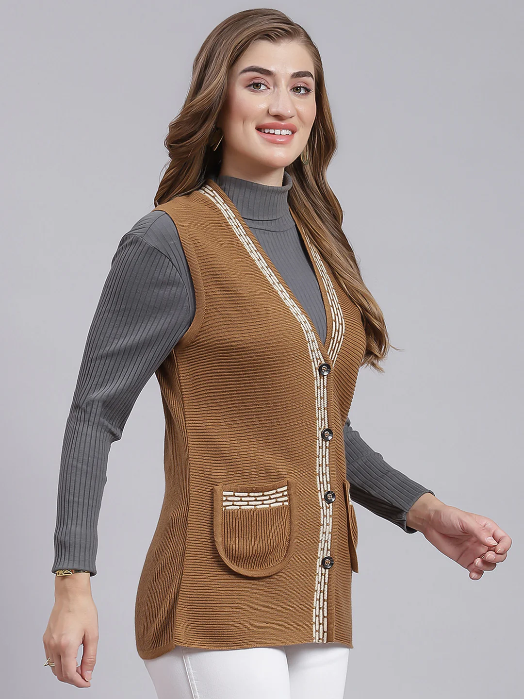 Women Mustard Solid Wool blend Cardigan - Image 3
