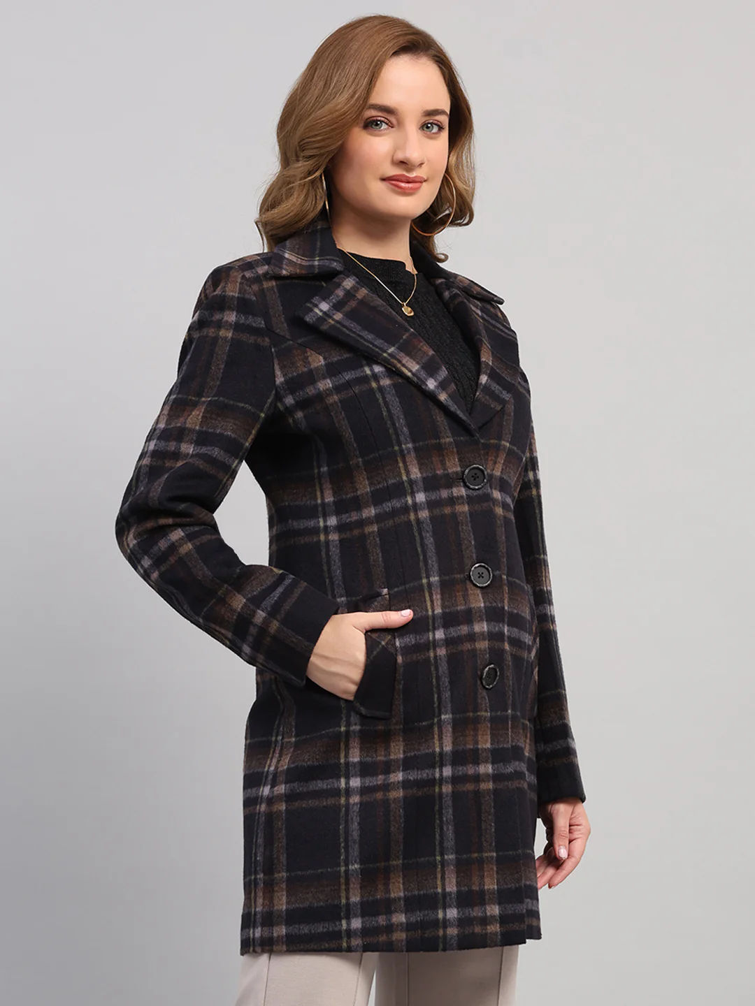 Women Navy Blue Check Collar Full Sleeve Coat - Image 4