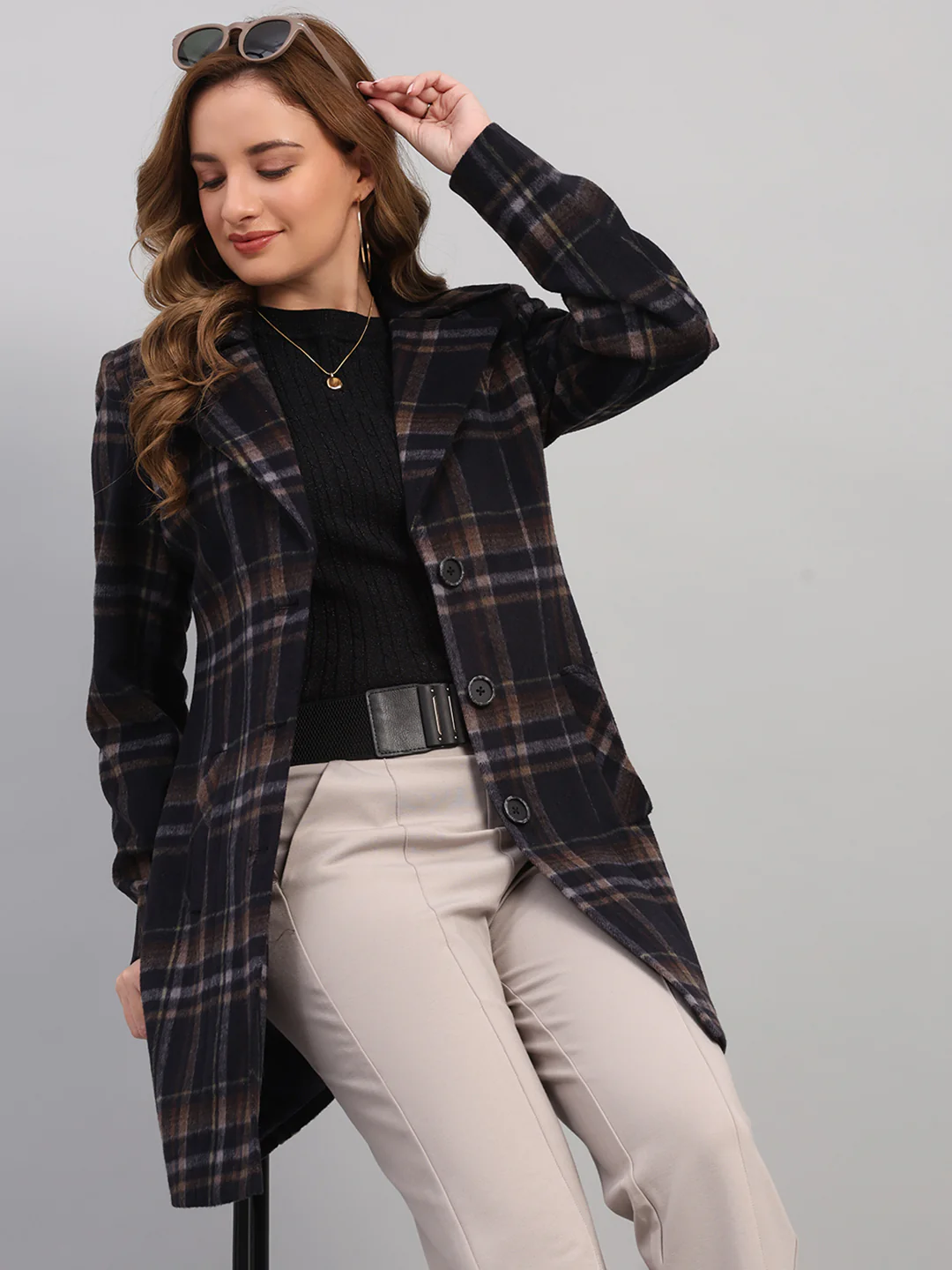 Women Navy Blue Check Collar Full Sleeve Coat - Image 6