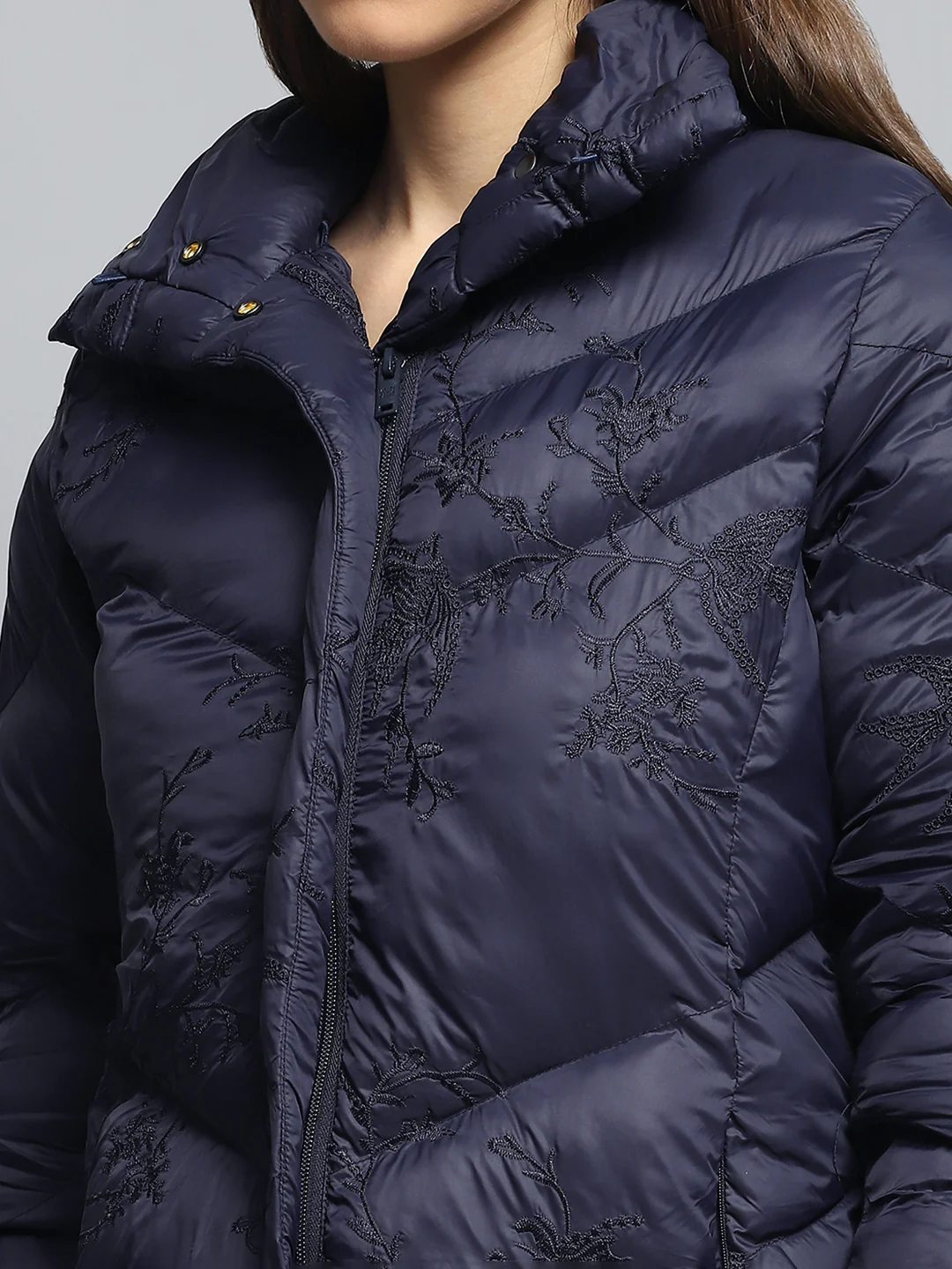 Women Navy Blue Embroidered Collar Full Sleeve Jacket - Image 7