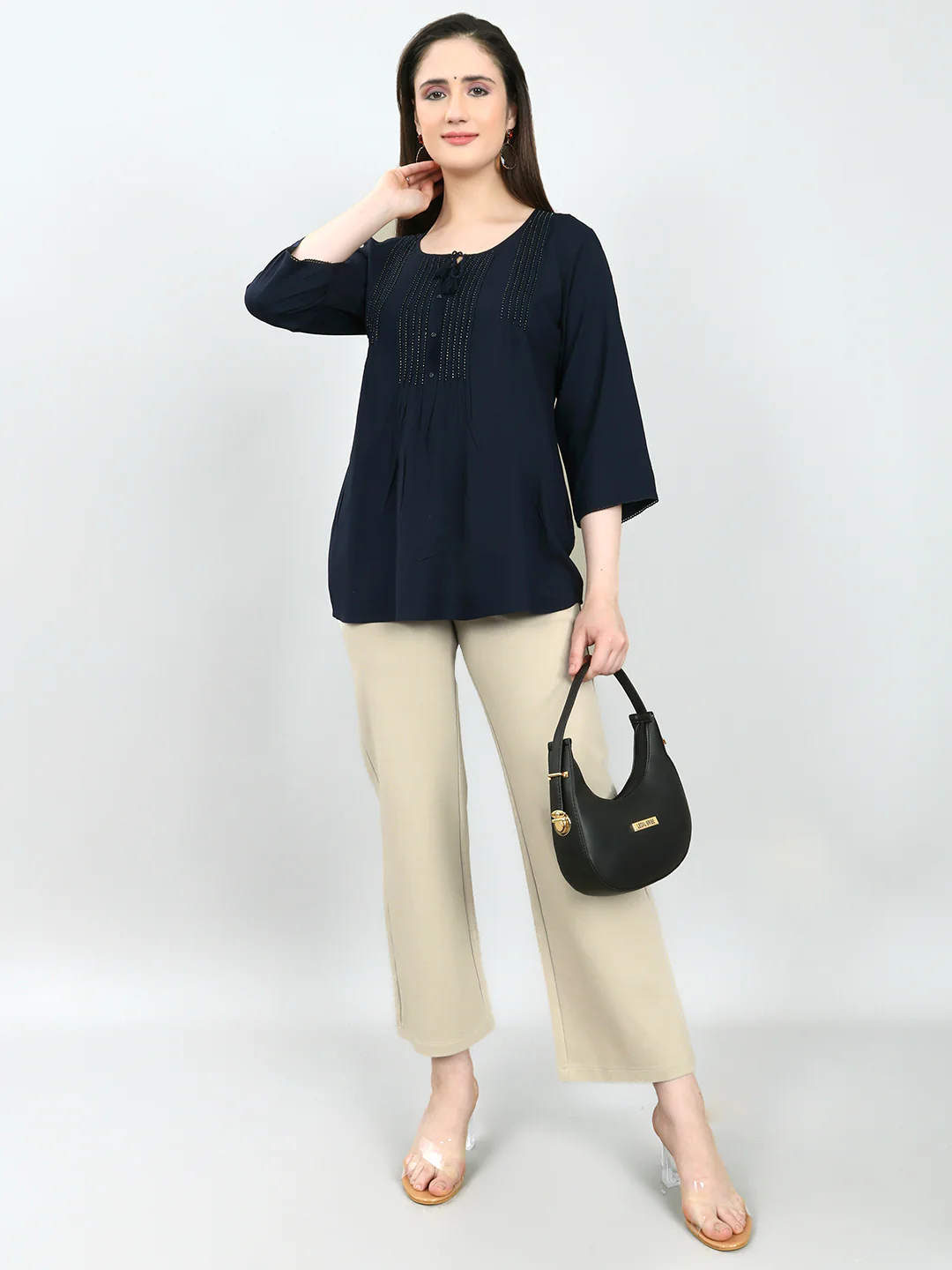 Women Navy Blue Embroidered Fashion Neck 3/4th Sleeve Top - Image 6