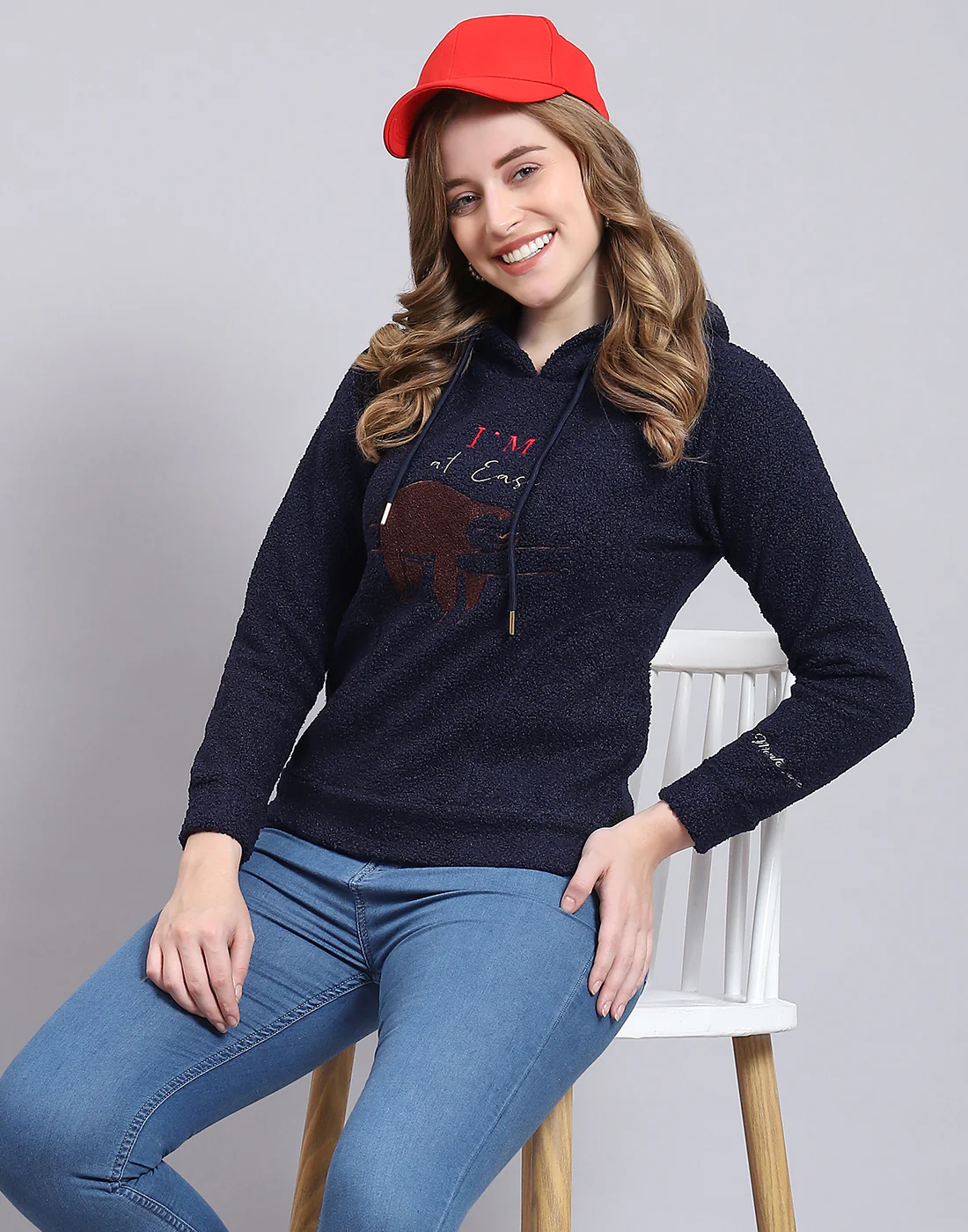 Women Navy Blue Embroidered Hooded Full Sleeve Sweatshirt - Image 2