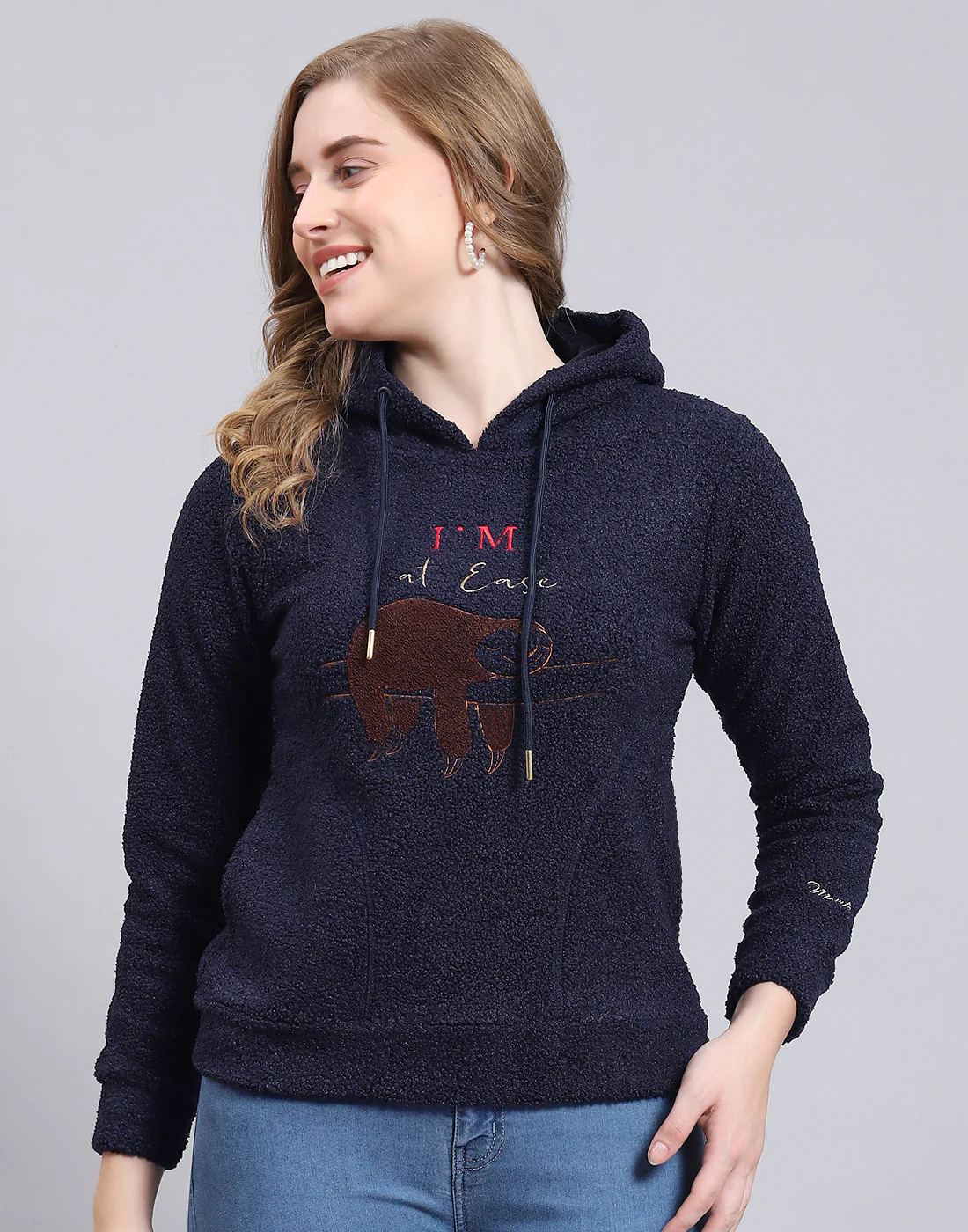 Women Navy Blue Embroidered Hooded Full Sleeve Sweatshirt - Image 3