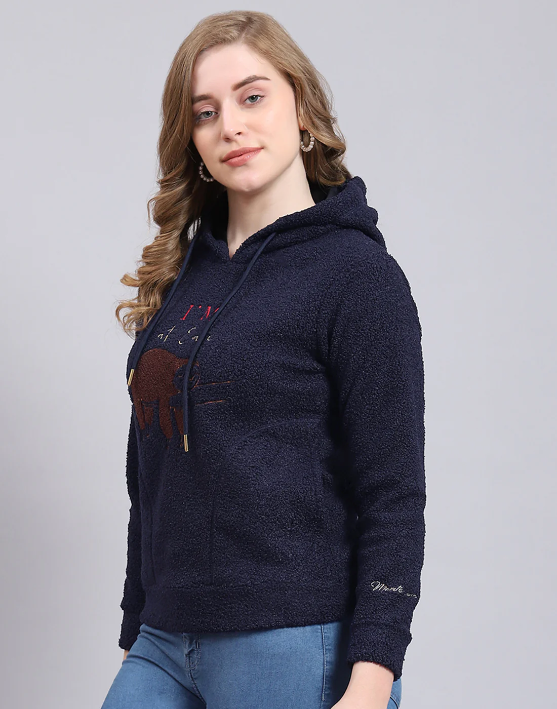 Women Navy Blue Embroidered Hooded Full Sleeve Sweatshirt - Image 4