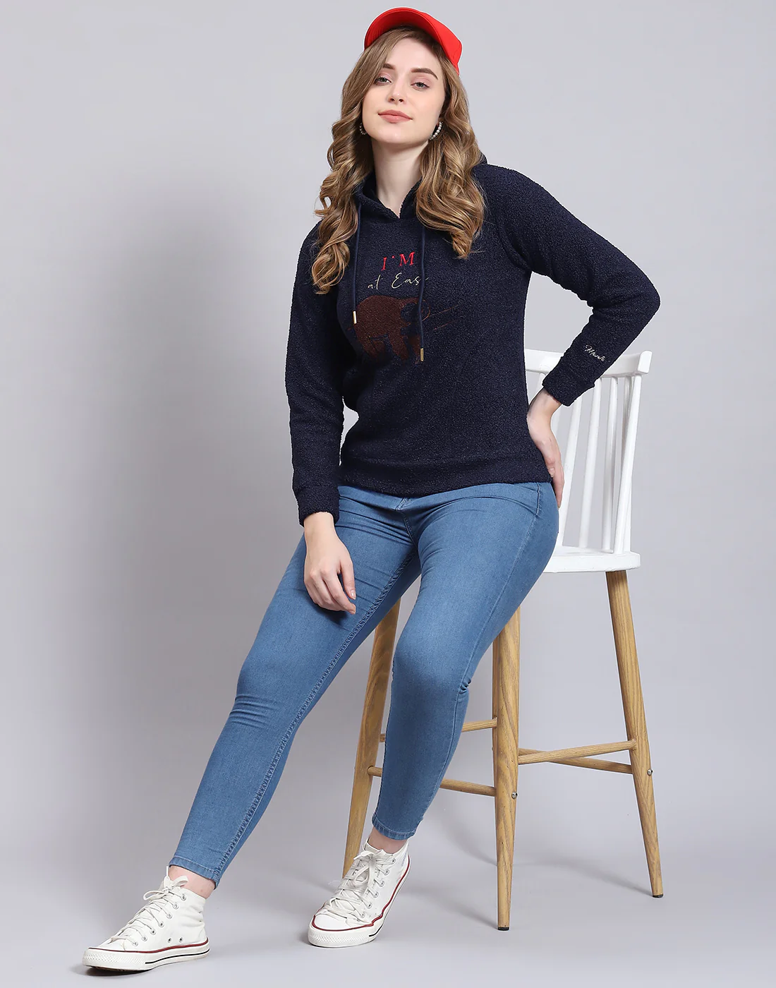 Women Navy Blue Embroidered Hooded Full Sleeve Sweatshirt - Image 7