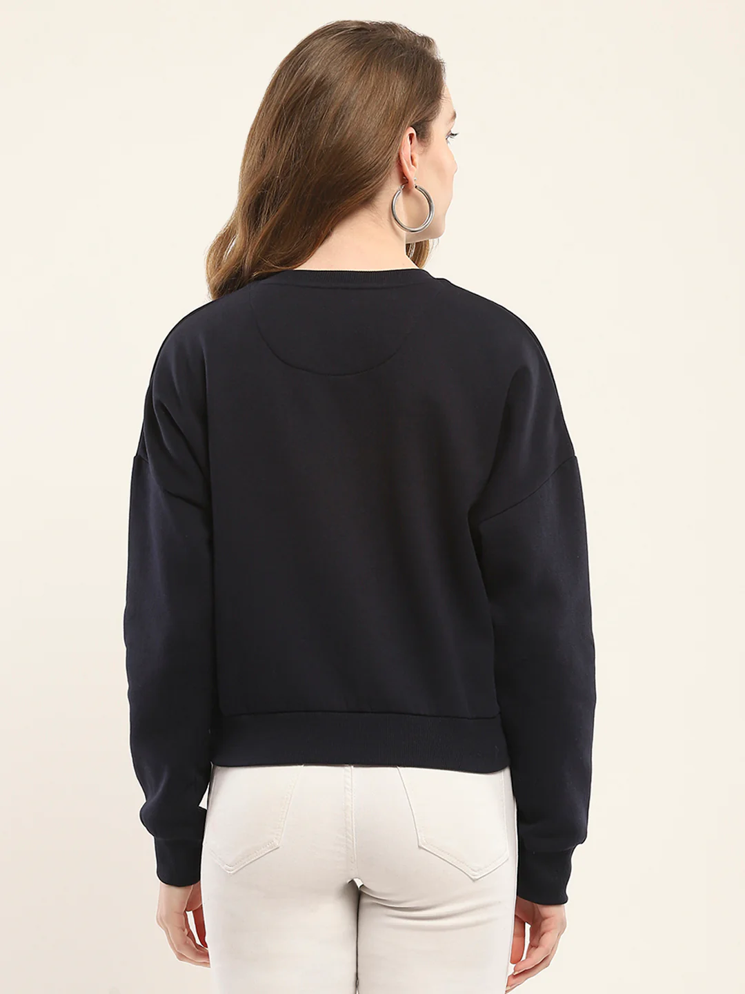 Women Navy Blue Embroidered Round Neck Full Sleeve Sweatshirt - Image 5