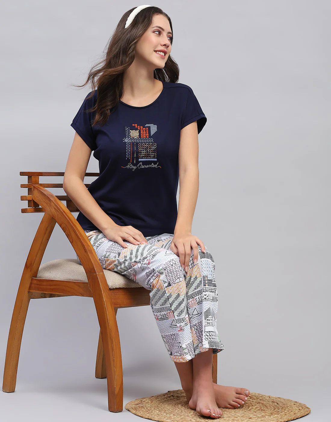 Women Navy Blue Embroidered Round Neck Half Sleeve Lower Set - Image 2
