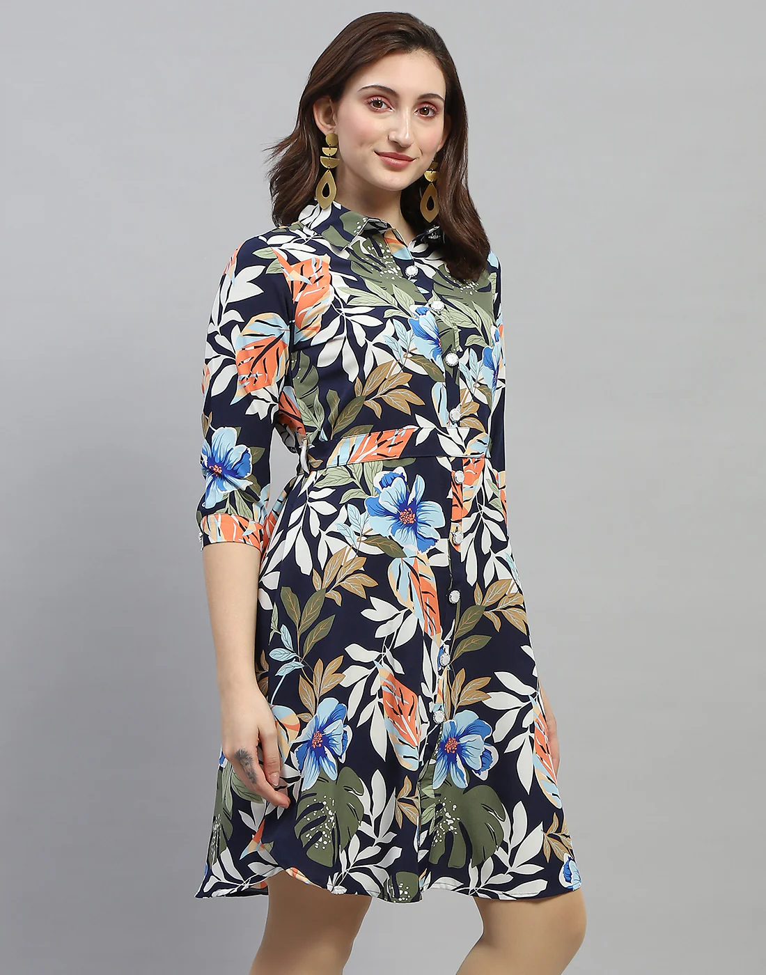 Women Navy Blue Floral Print Collar Neck 3/4 Sleeve Dress - Image 5