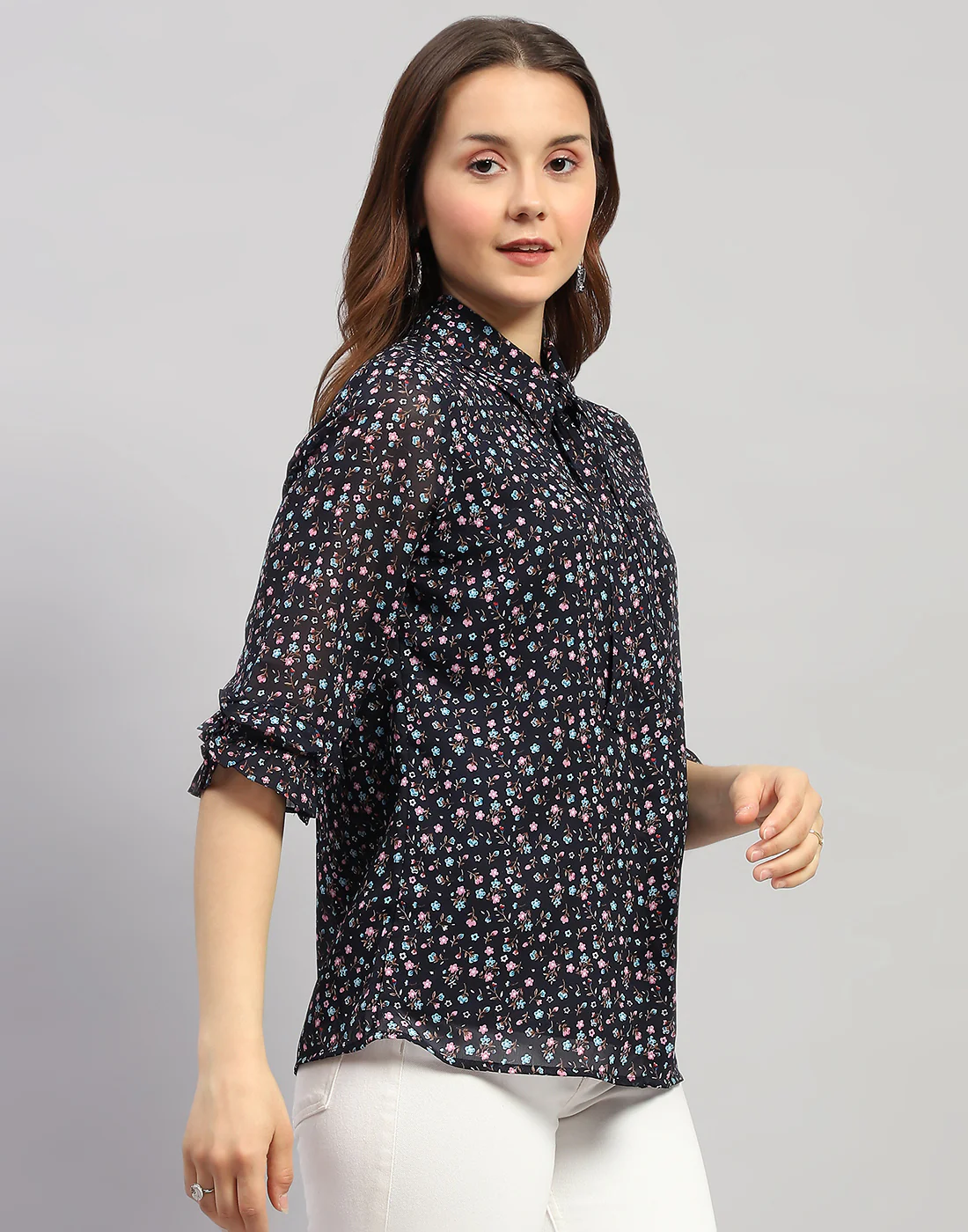 Women Navy Blue Floral Print Collar Neck 3/4 Sleeve Top - Image 5