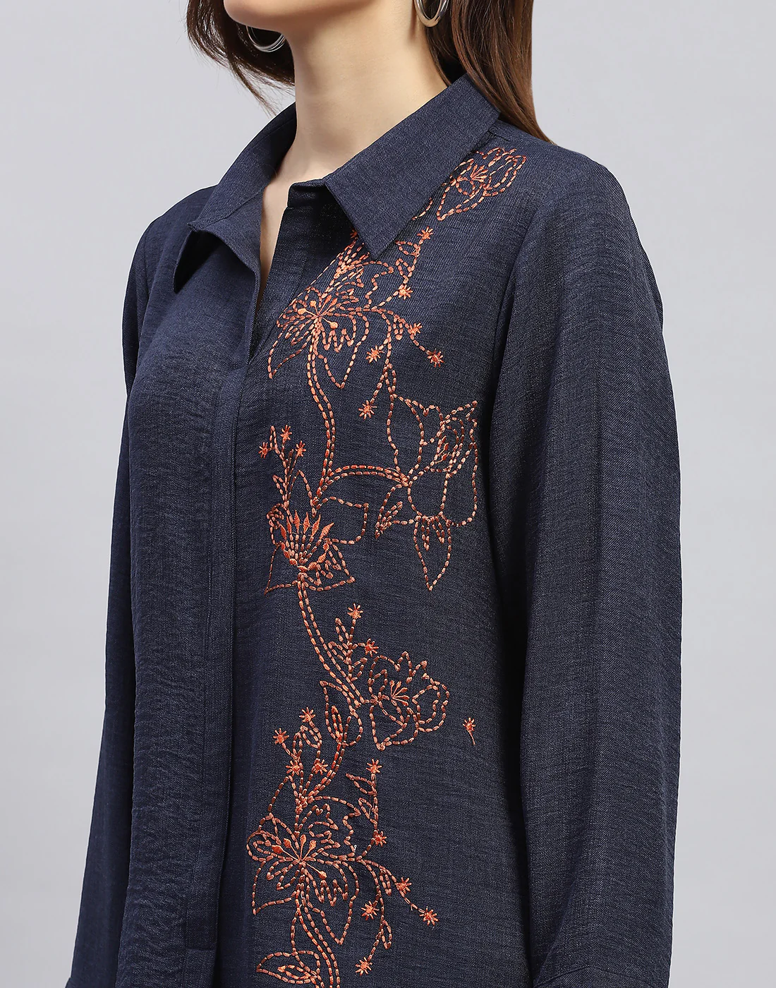 Women Navy Blue Floral Print Collar Neck Full Sleeve Cords Set - Image 2