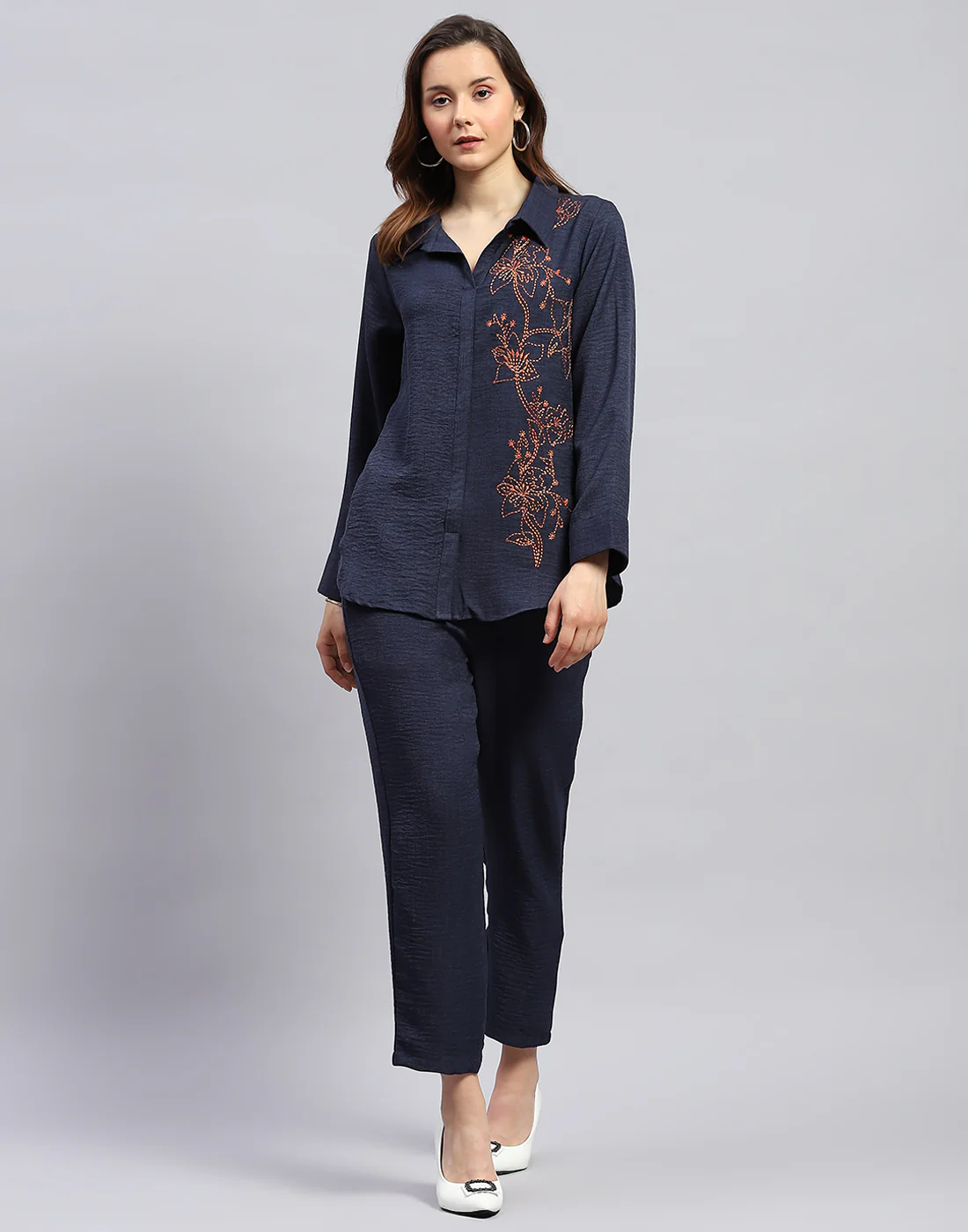 Women Navy Blue Floral Print Collar Neck Full Sleeve Cords Set - Image 3