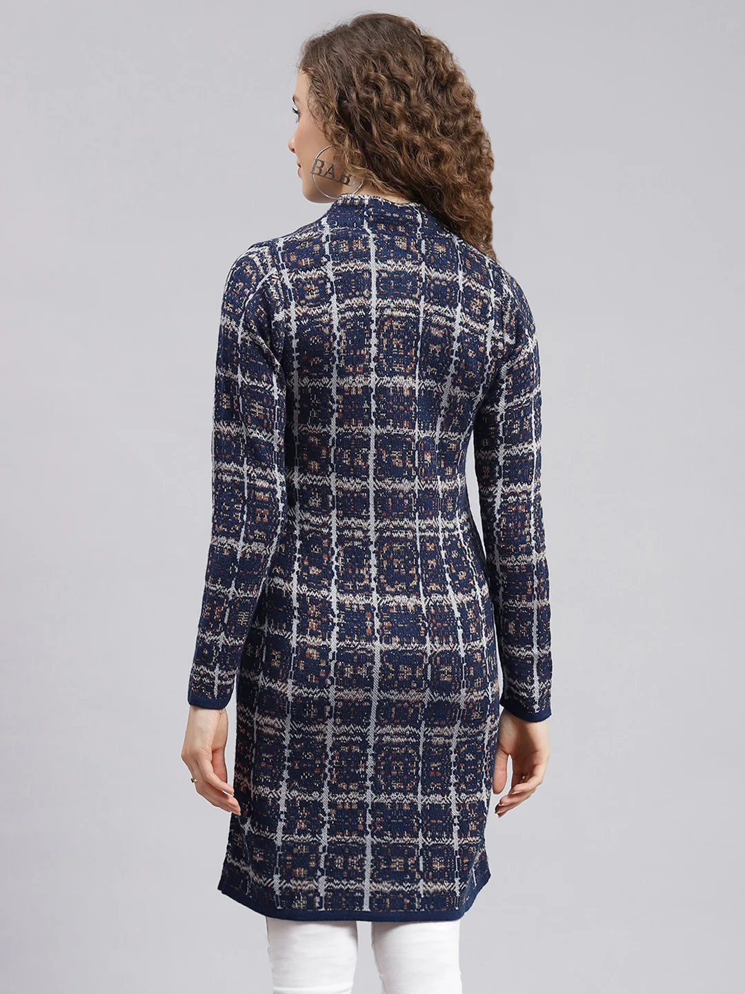 Women Navy Blue Jaquard Wool blend Knitted Coat - Image 4