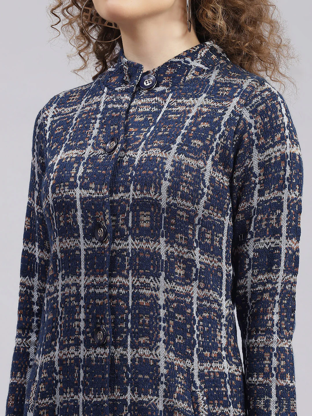 Women Navy Blue Jaquard Wool blend Knitted Coat - Image 6