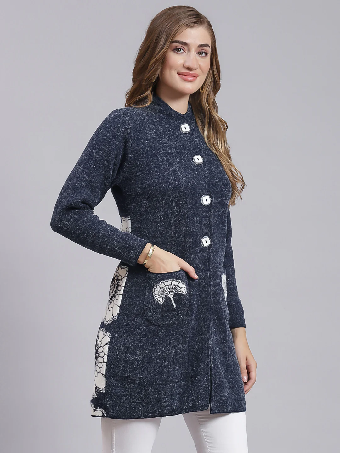 Women Navy Blue Jaquard Wool blend Knitted Coat - Image 2