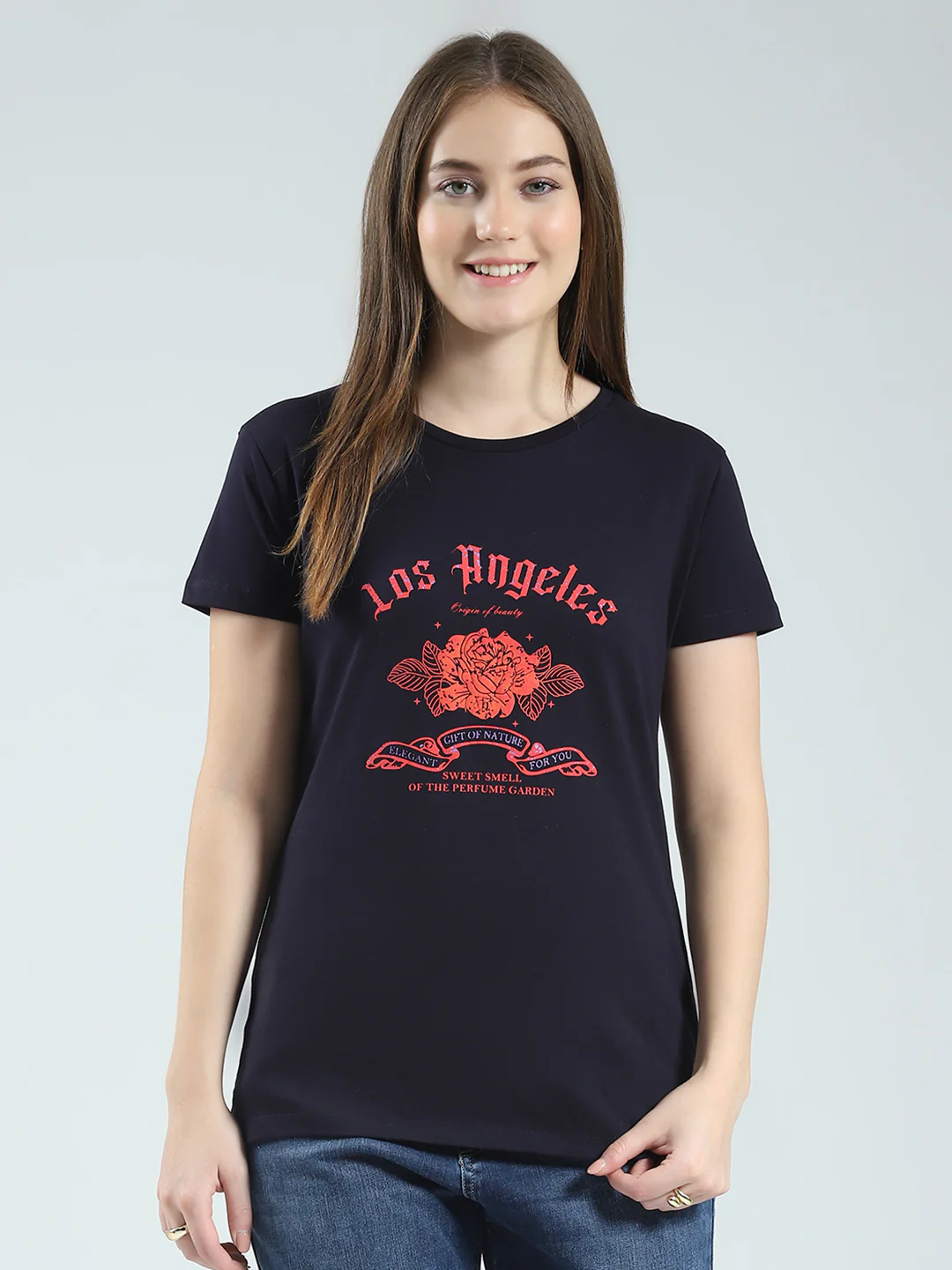 Women Navy Blue & Peach Printed Round Neck Half Sleeve Top (Pack of 2) - Image 8