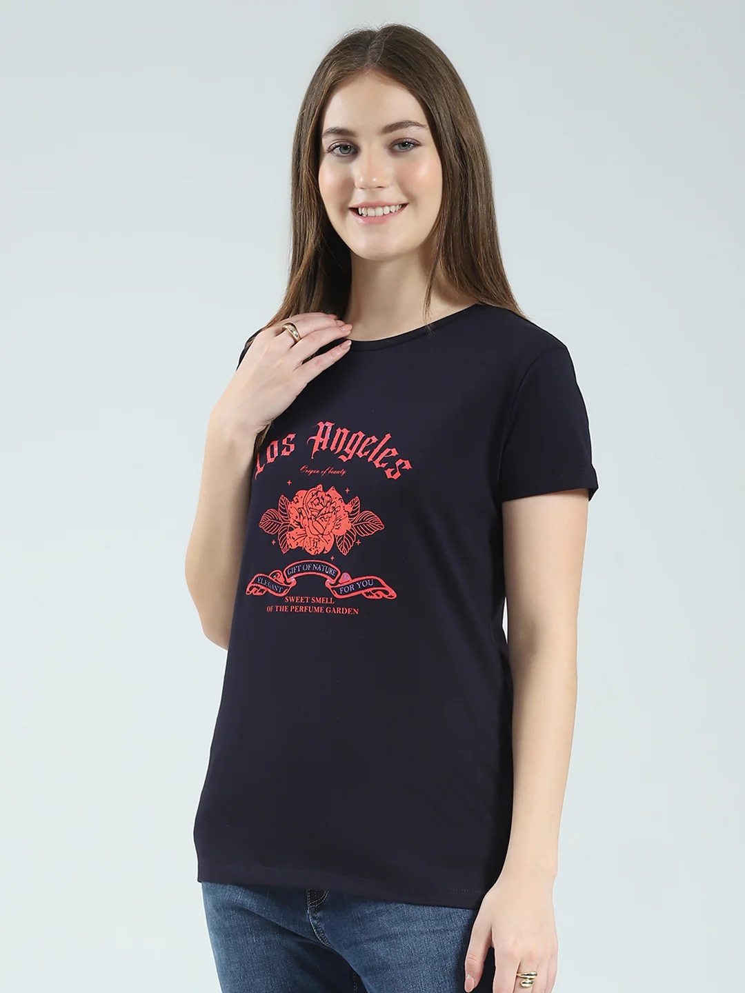 Women Navy Blue & Peach Printed Round Neck Half Sleeve Top (Pack of 2) - Image 9