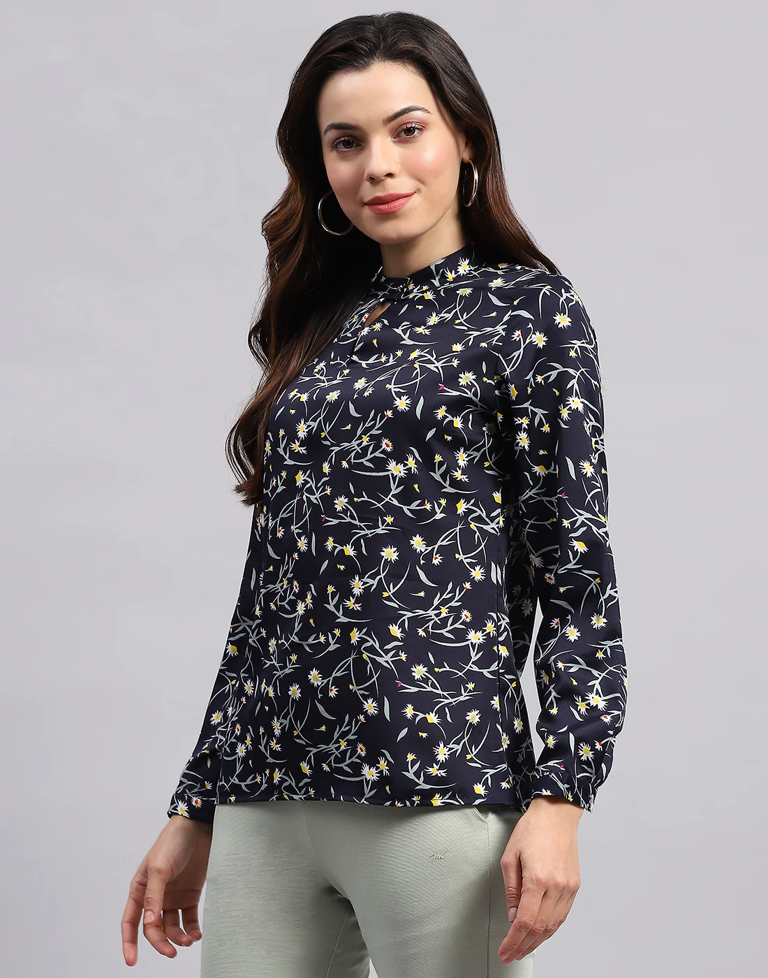Women Navy Blue Printed Band Collar Full Sleeve Top - Image 3