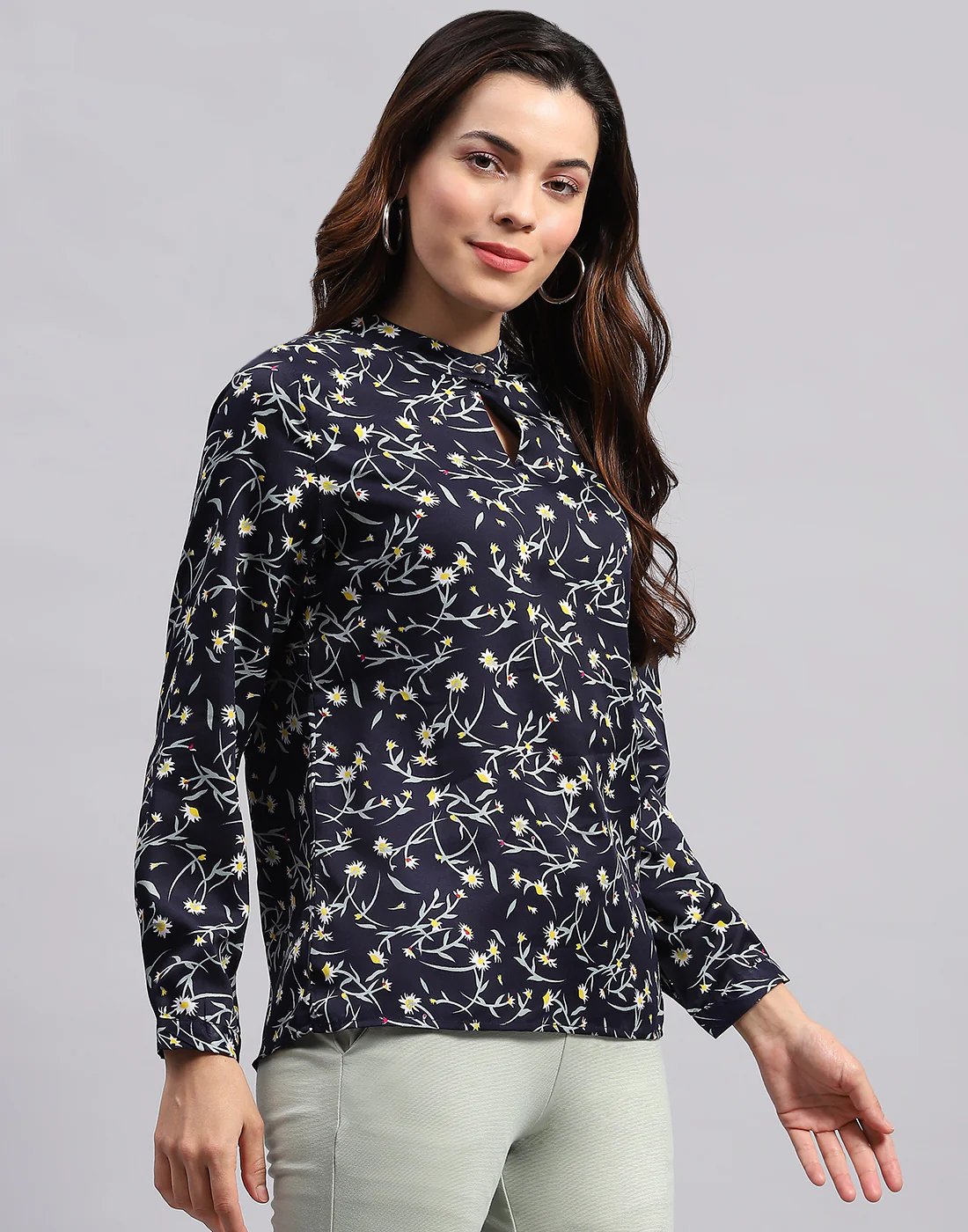 Women Navy Blue Printed Band Collar Full Sleeve Top - Image 4
