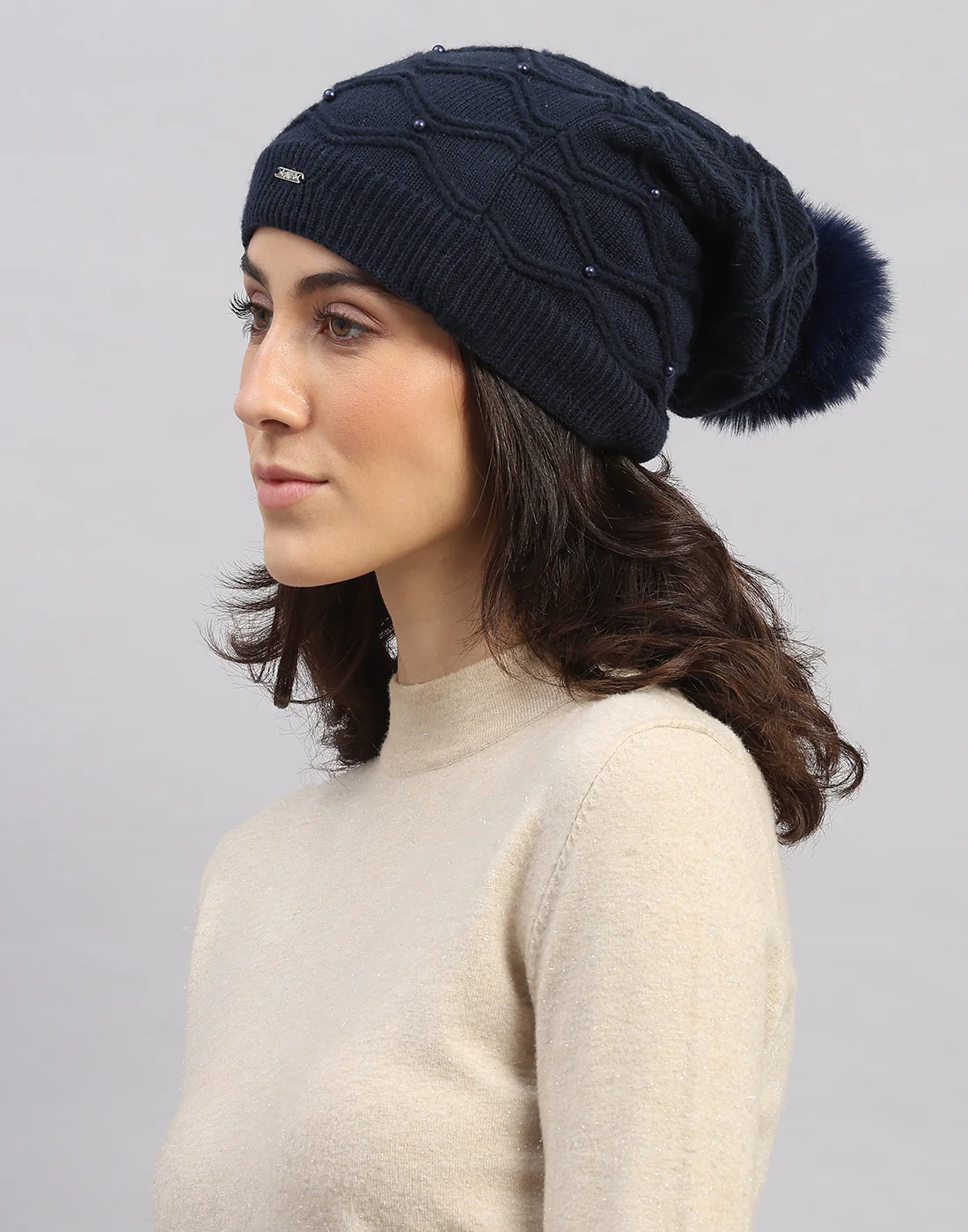 Women Navy Blue Printed Blend Wool Cap - Image 2
