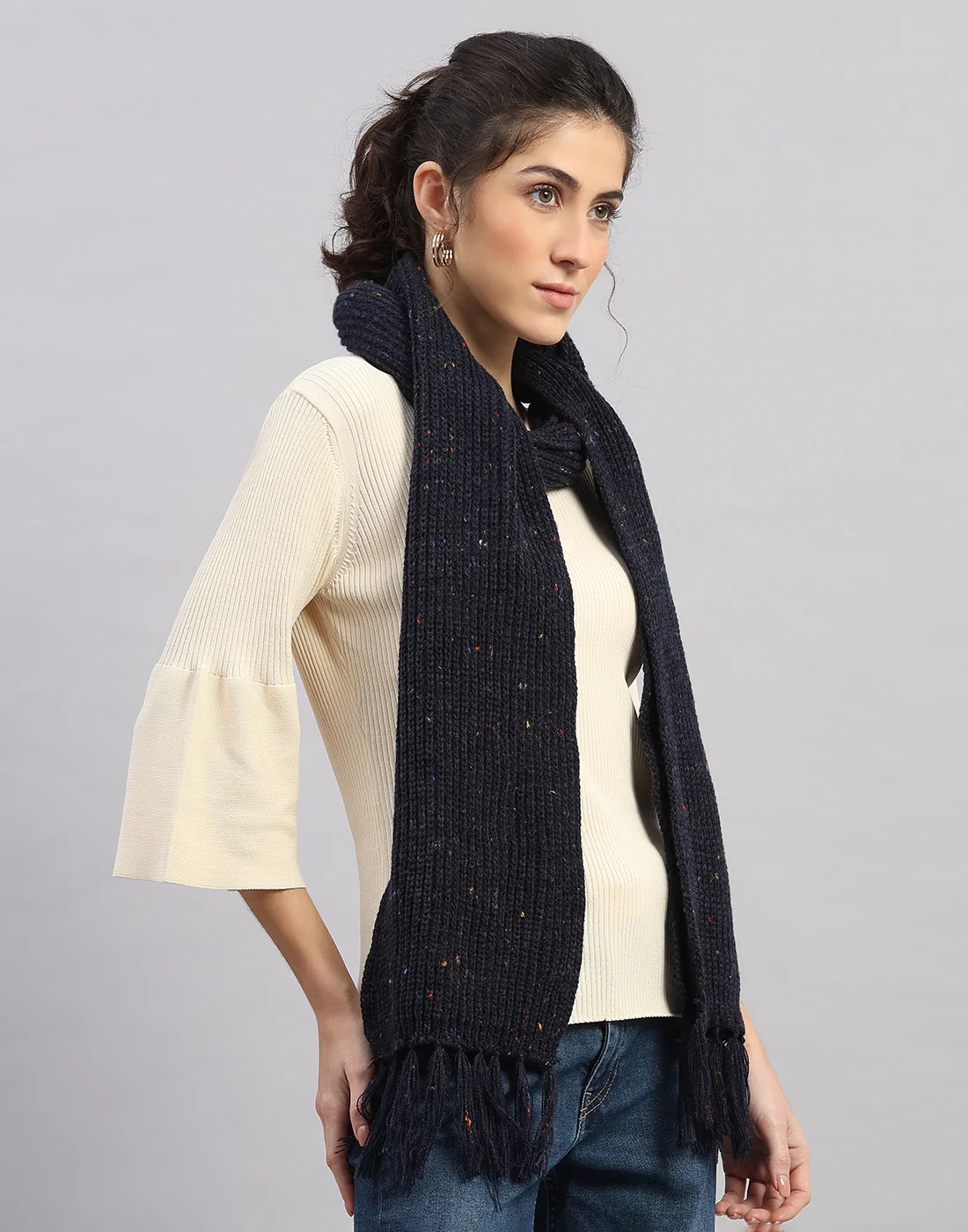 Women Navy Blue Printed Blend Wool Mufflers - Image 3