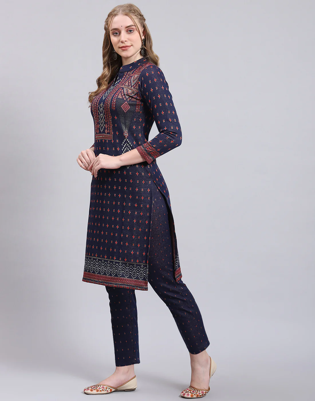Women Navy Blue Printed Collar Full Sleeve Kurtis Set - Image 4