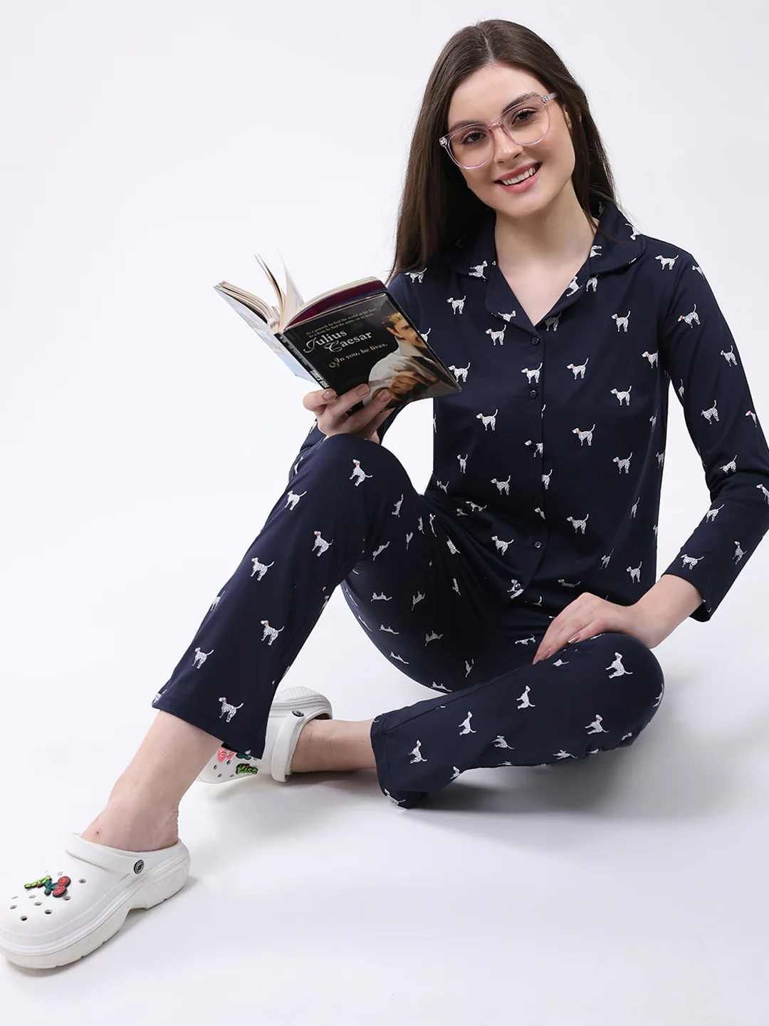 Women Navy Blue Printed Collar Full Sleeve Lower Set - Image 2
