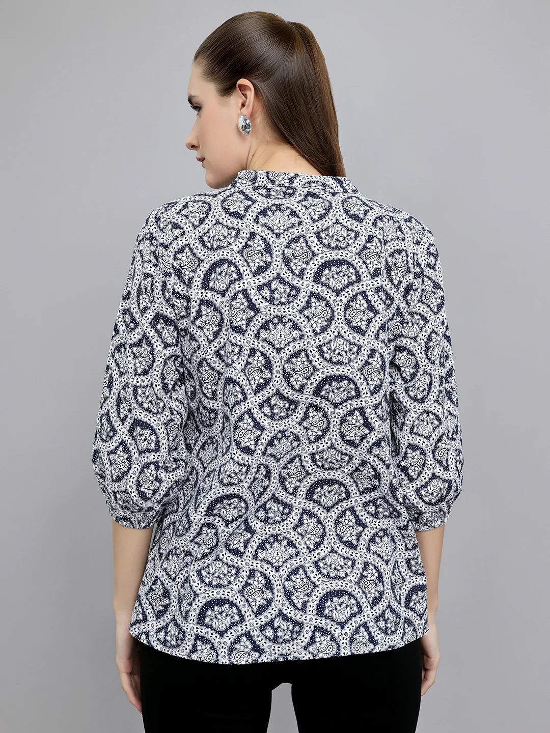 Women Navy Blue Printed Fashion Neck 3/4th Sleeve Top - Image 4