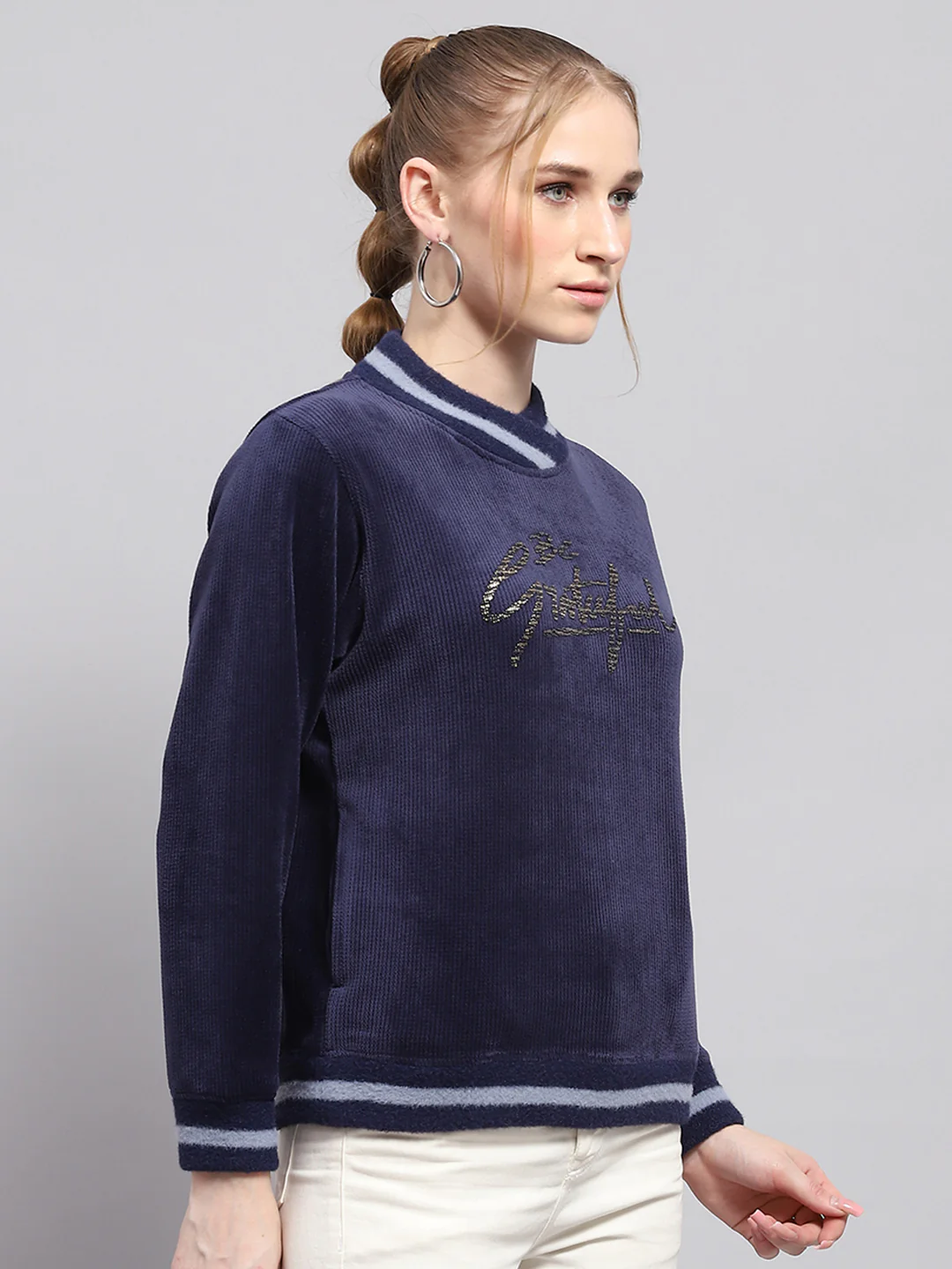 Women Navy Blue Printed High Neck Full Sleeve Sweatshirt - Image 4