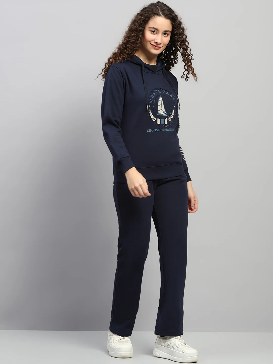 Women Navy Blue Printed Hooded Full Sleeve Cords Set - Image 4
