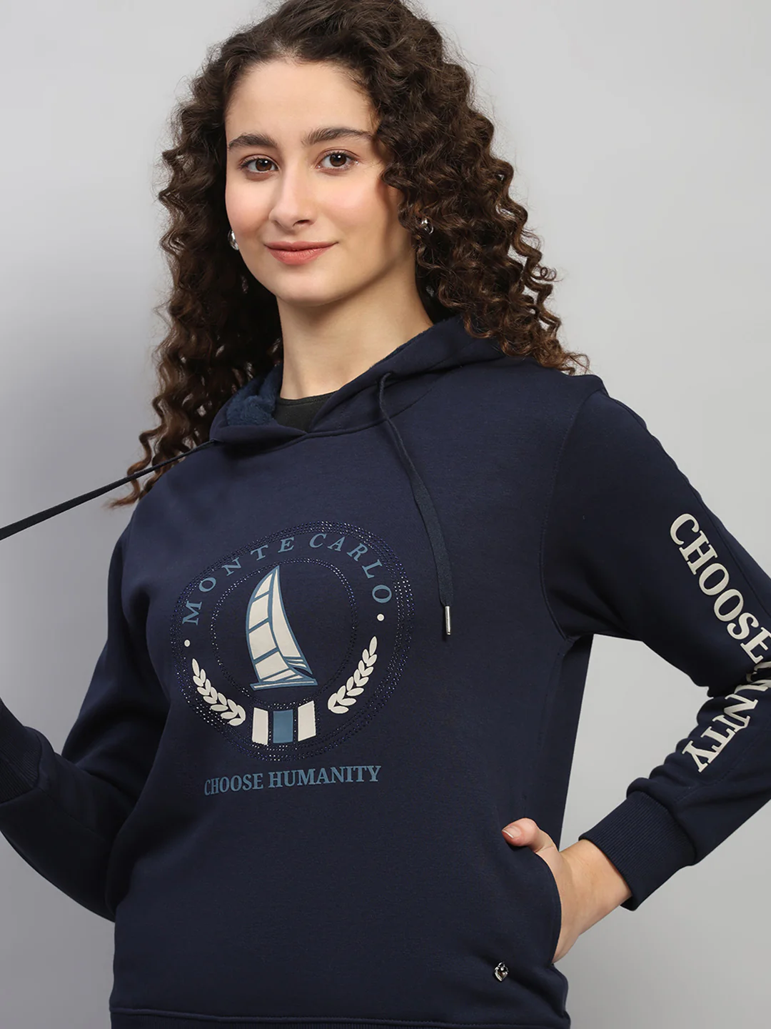 Women Navy Blue Printed Hooded Full Sleeve Cords Set - Image 7