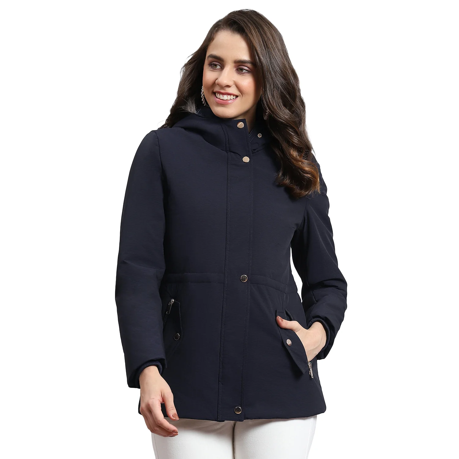 Women Navy Blue Hooded Jacket with Attached Inflatable Neck Pillow - Image 5