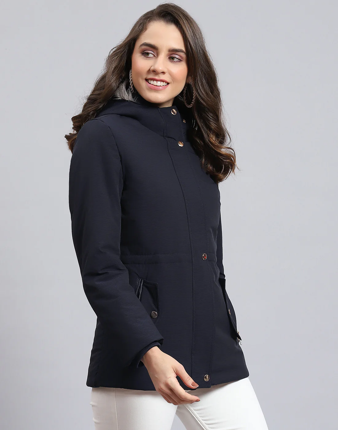 Women Navy Blue Hooded Jacket with Attached Inflatable Neck Pillow - Image 6