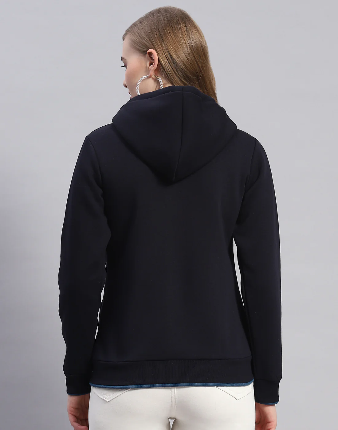 Women Navy Blue Printed Hooded Full Sleeve Sweatshirt - Image 5