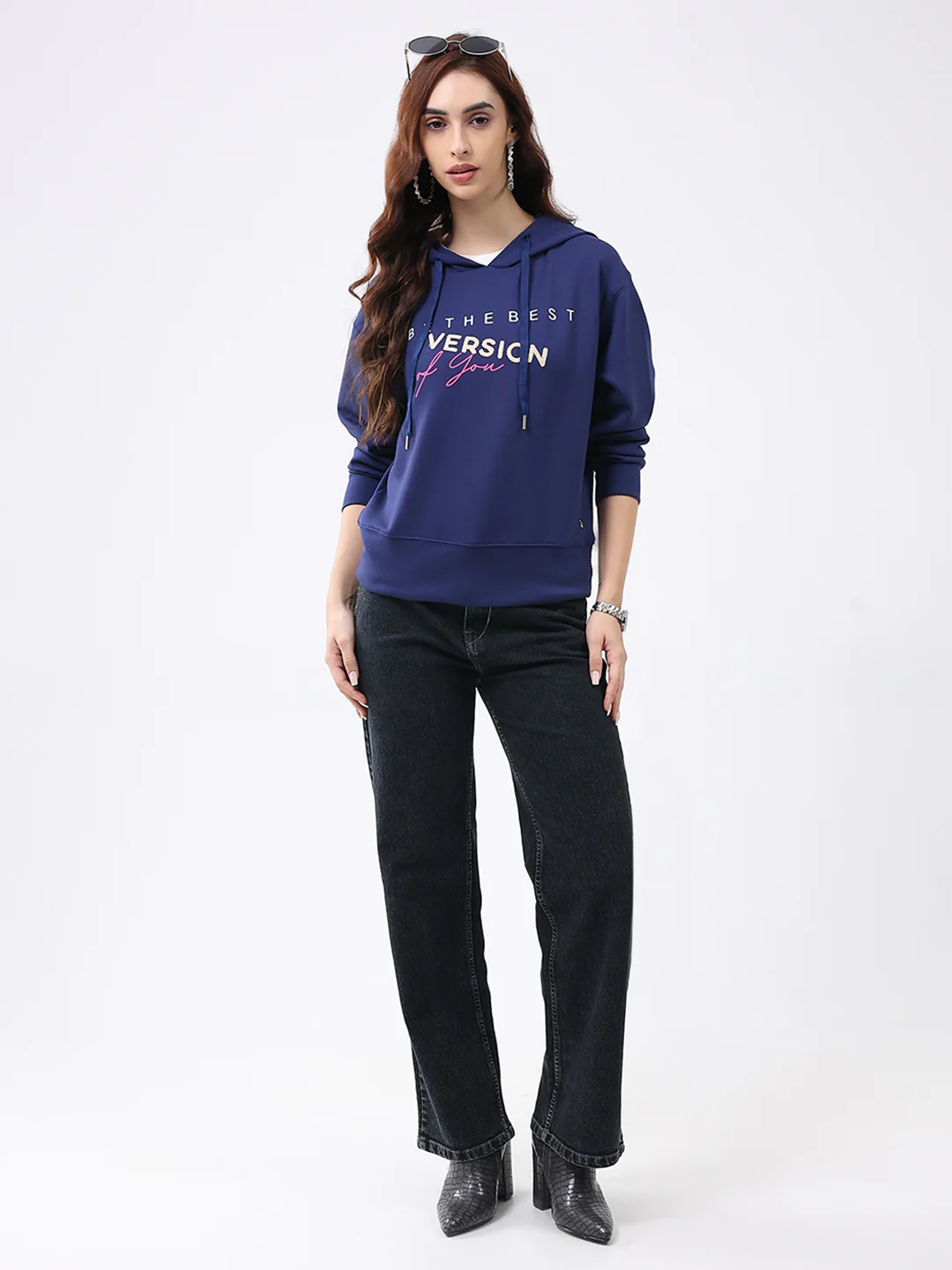 Women Navy Blue Printed Hooded Full Sleeve Winter Top - Image 2