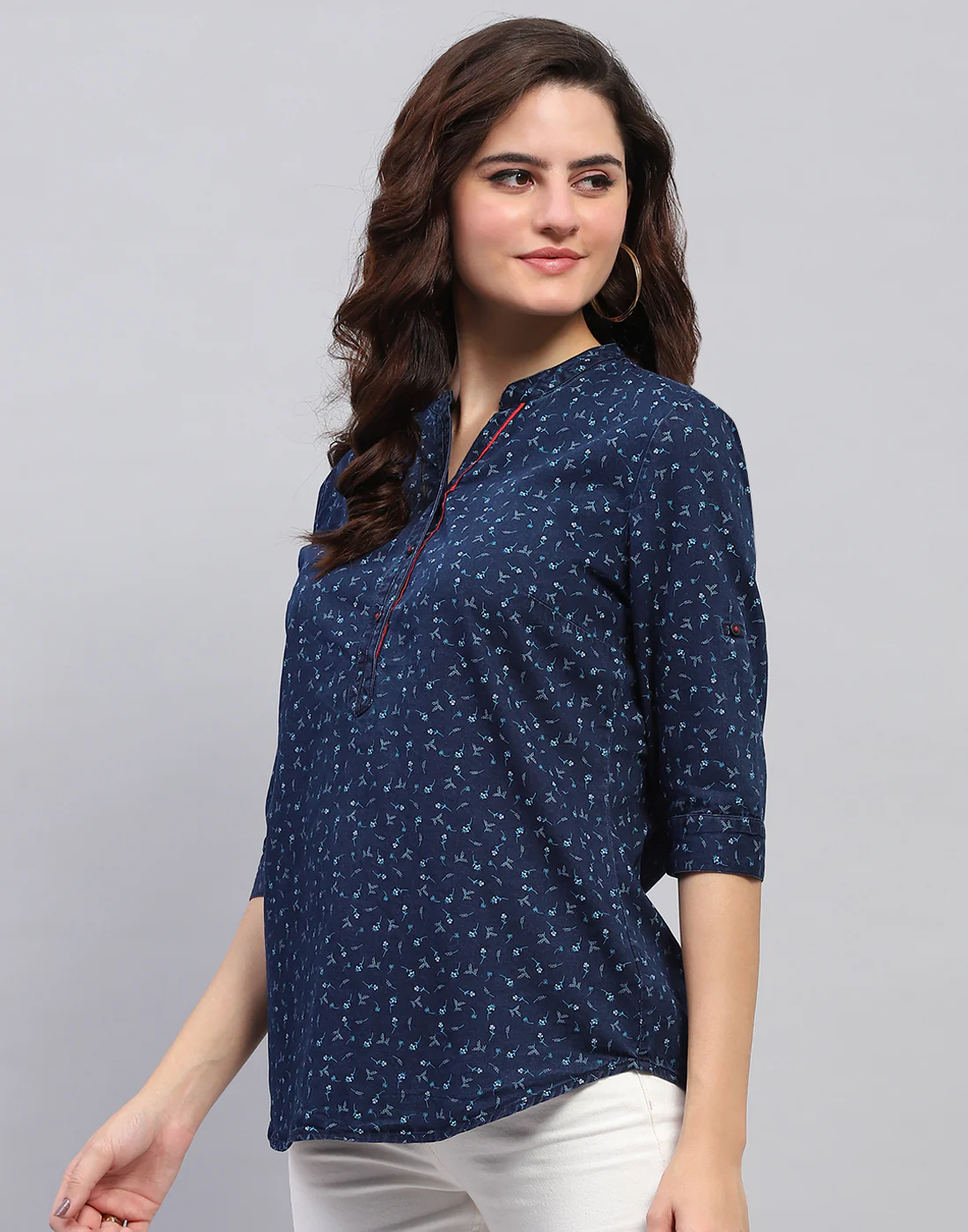 Women Navy Blue Printed Mandarin collar 3/4 Sleeve Top - Image 3