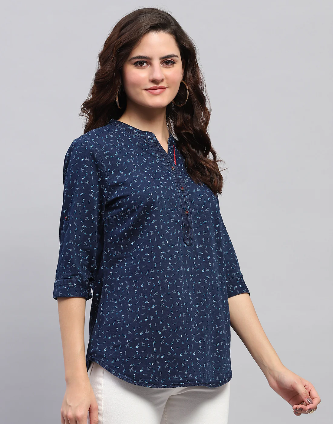 Women Navy Blue Printed Mandarin collar 3/4 Sleeve Top - Image 4