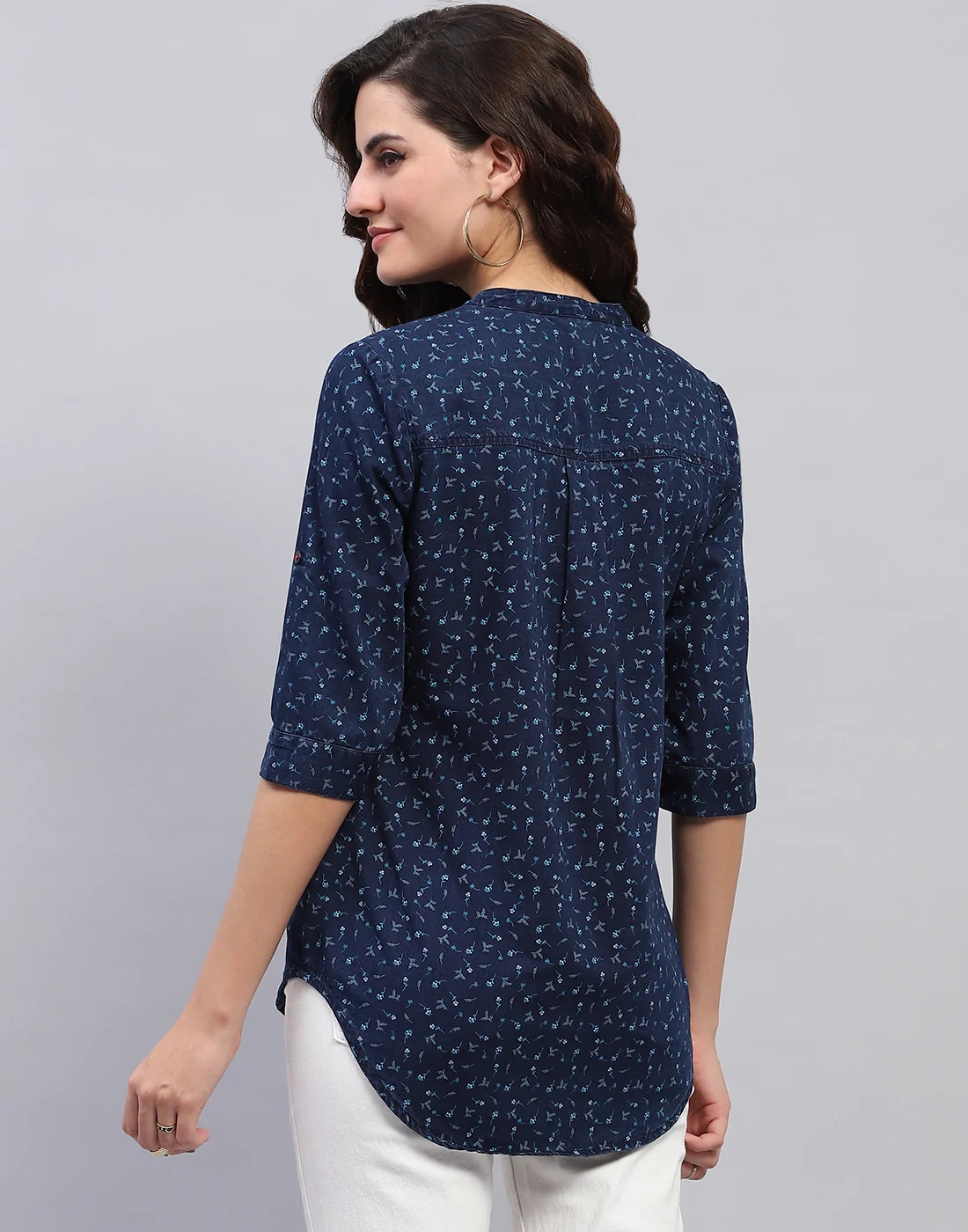 Women Navy Blue Printed Mandarin collar 3/4 Sleeve Top - Image 5