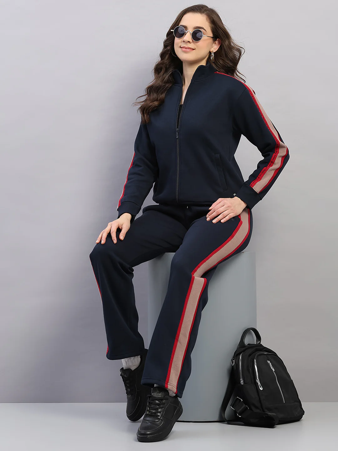 Women Navy Blue Printed Mock Neck Full Sleeve Winter Tracksuit - Image 2