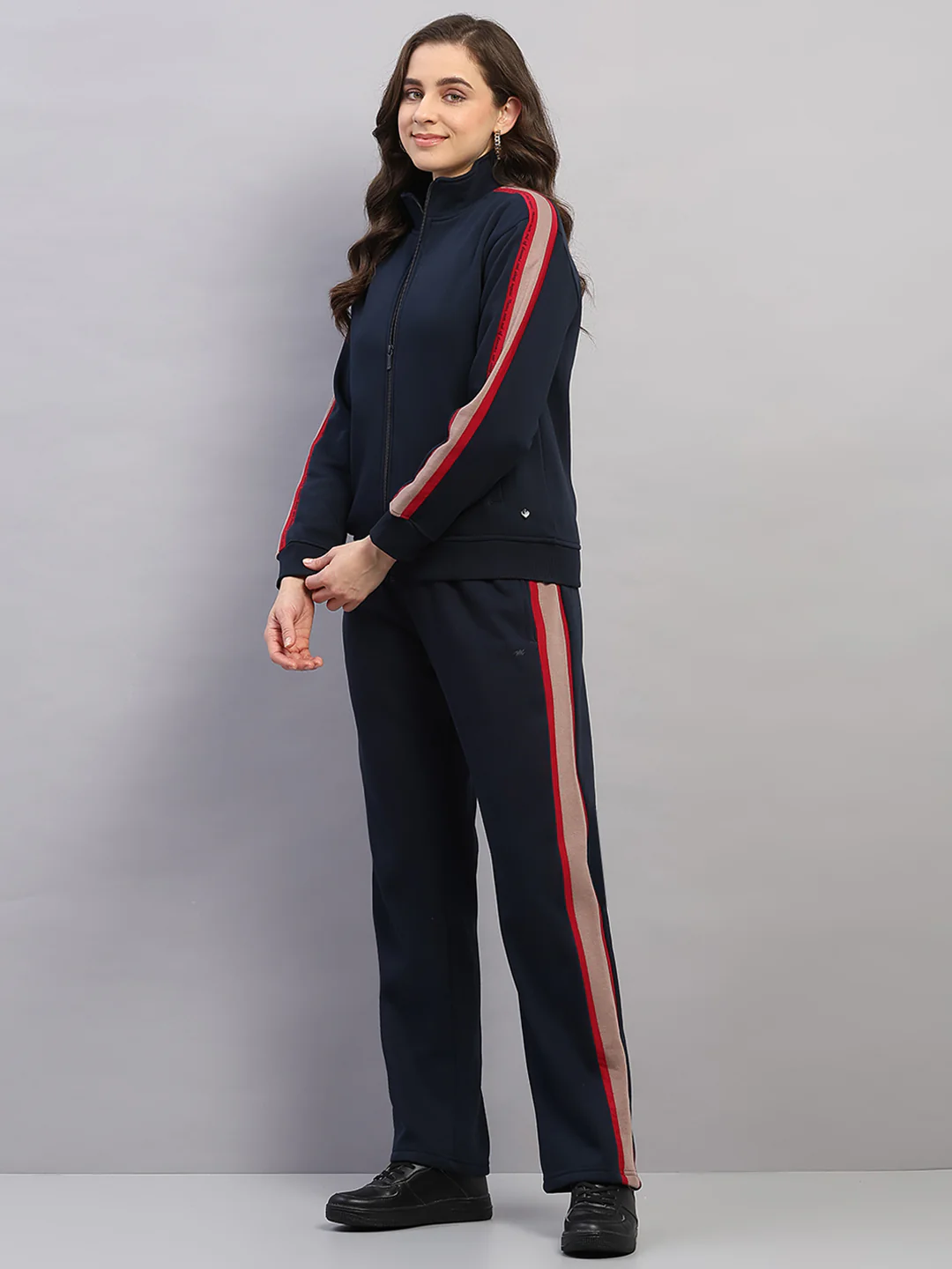 Women Navy Blue Printed Mock Neck Full Sleeve Winter Tracksuit - Image 3