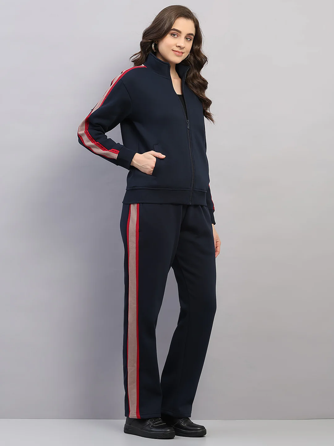 Women Navy Blue Printed Mock Neck Full Sleeve Winter Tracksuit - Image 4