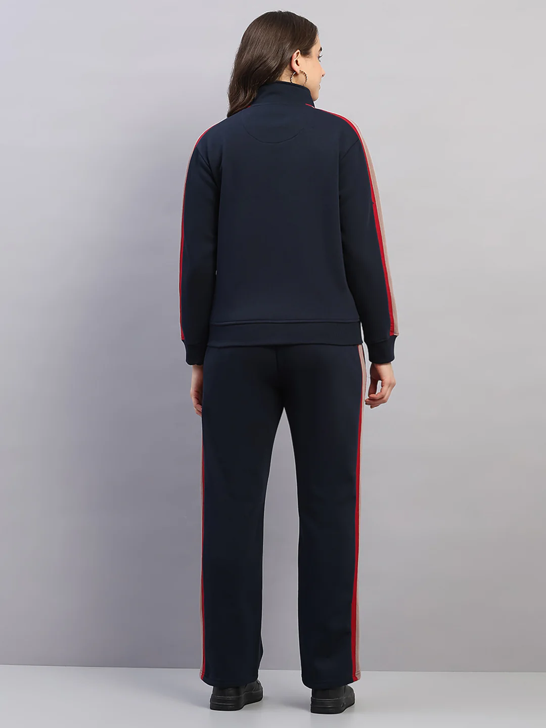Women Navy Blue Printed Mock Neck Full Sleeve Winter Tracksuit - Image 5