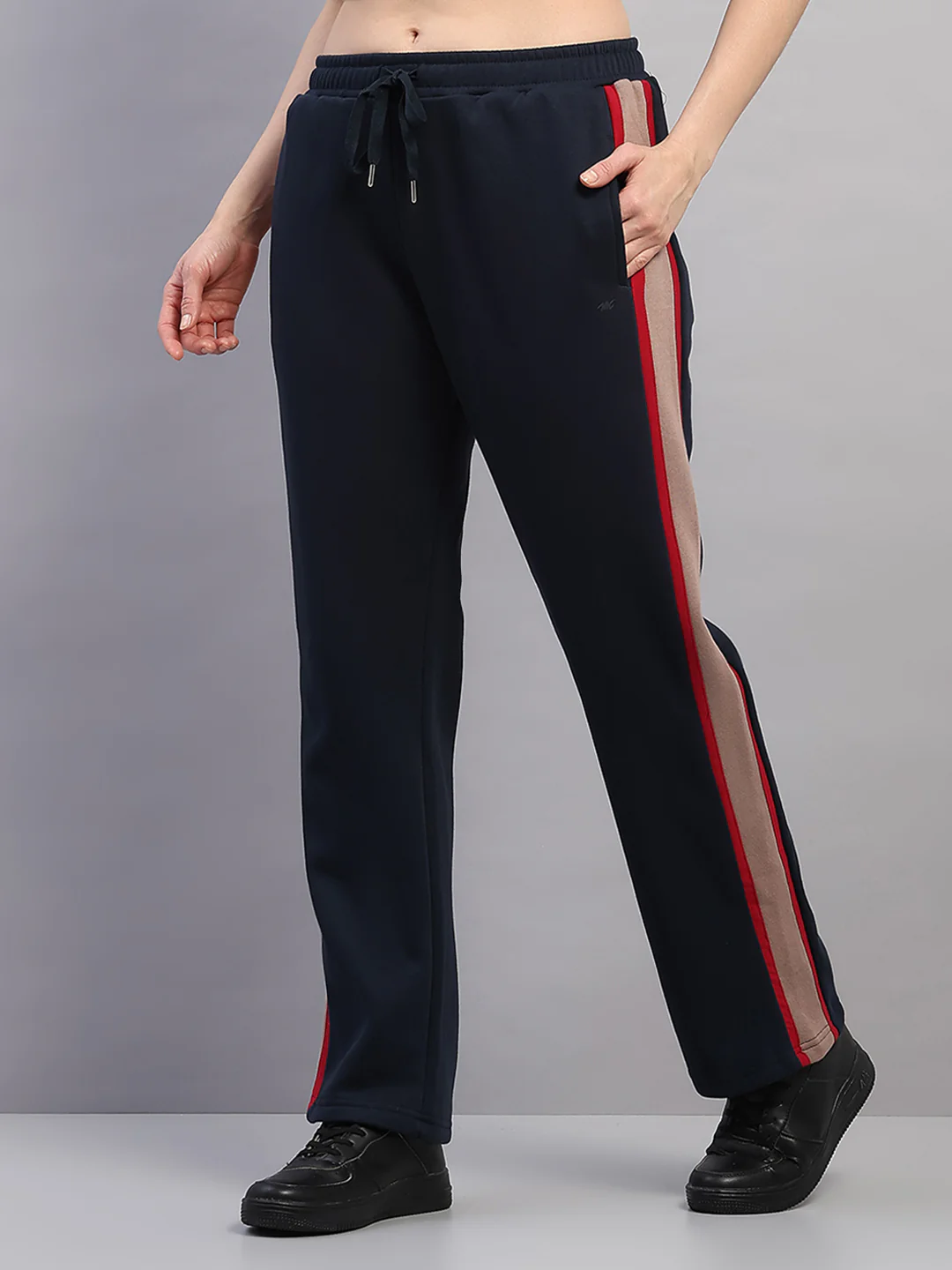 Women Navy Blue Printed Mock Neck Full Sleeve Winter Tracksuit - Image 6