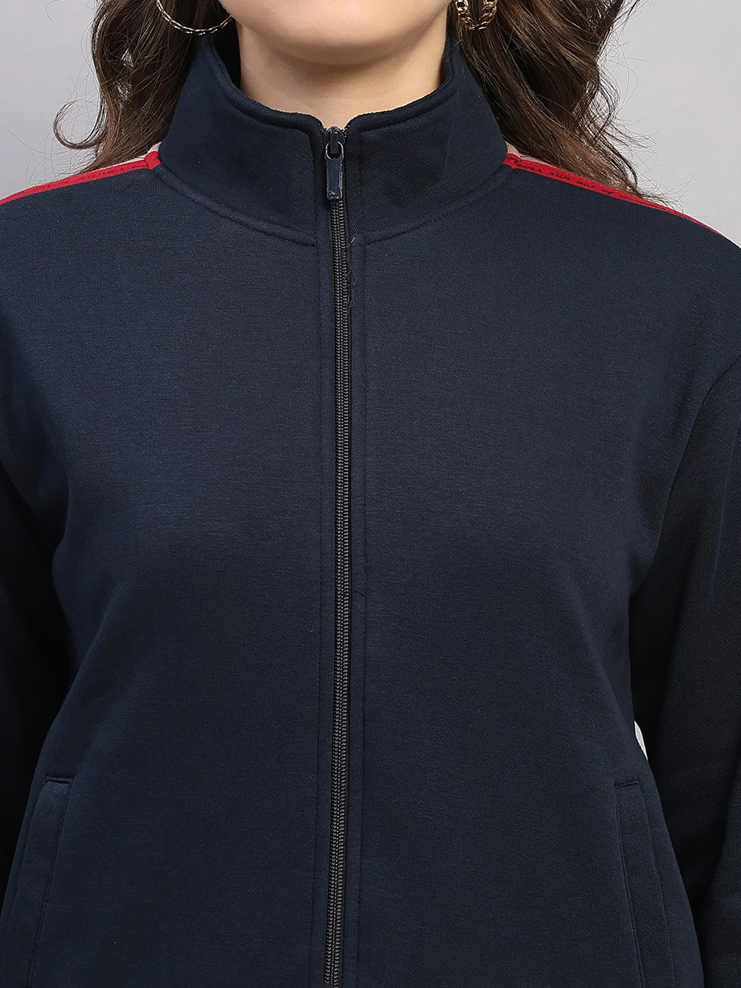 Women Navy Blue Printed Mock Neck Full Sleeve Winter Tracksuit - Image 7