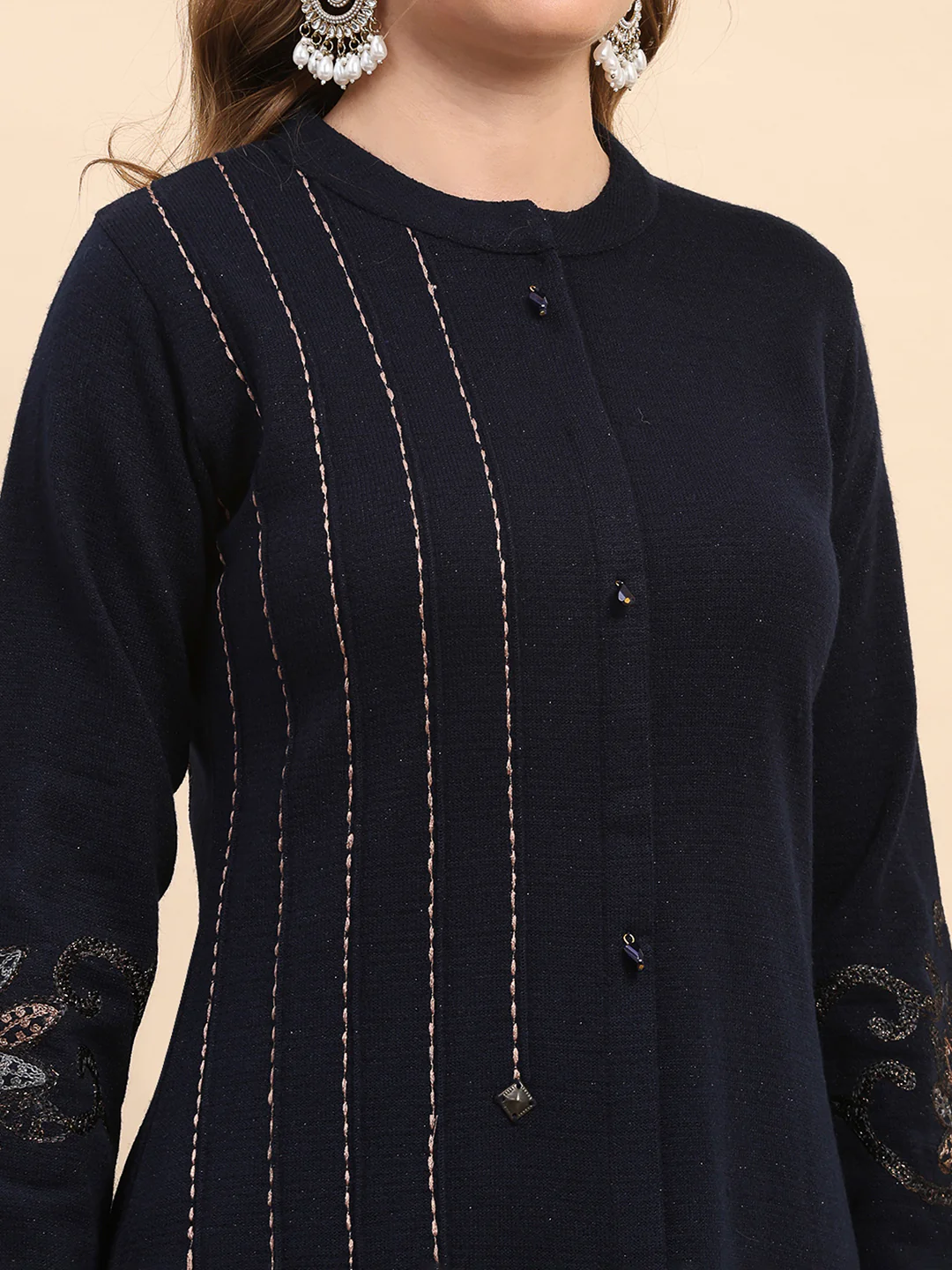 Women Navy Blue Printed Round Neck Full Sleeve Kurti Set for Winter - Image 7