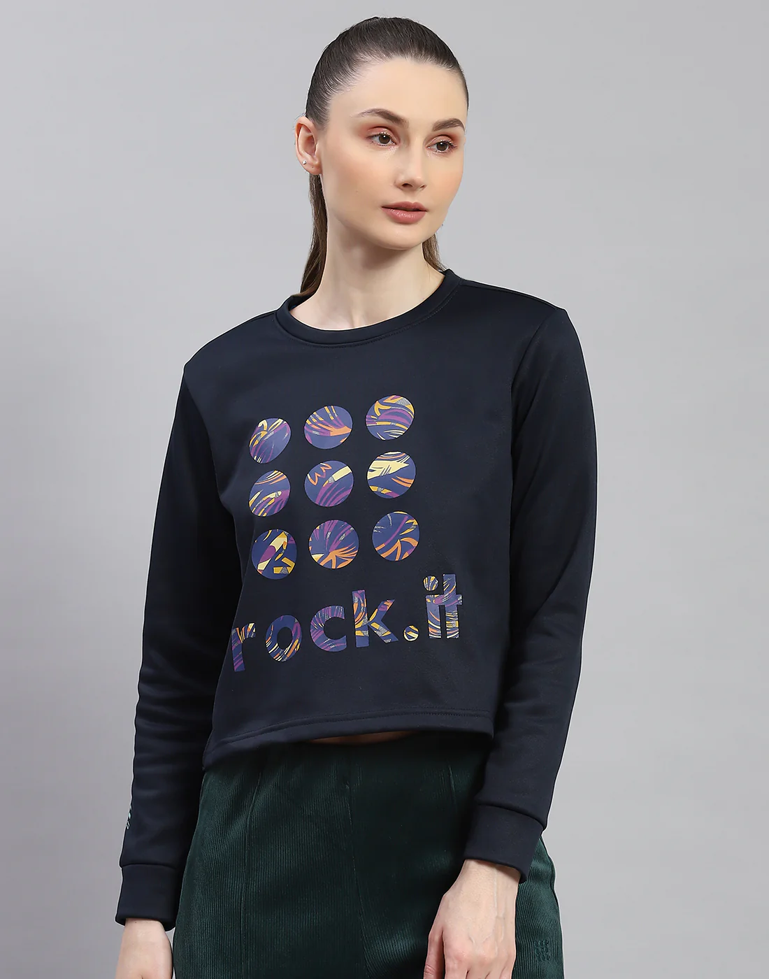 Rock.it Women Navy Blue Printed Round Neck Full Sleeve Sweatshirt - Image 2