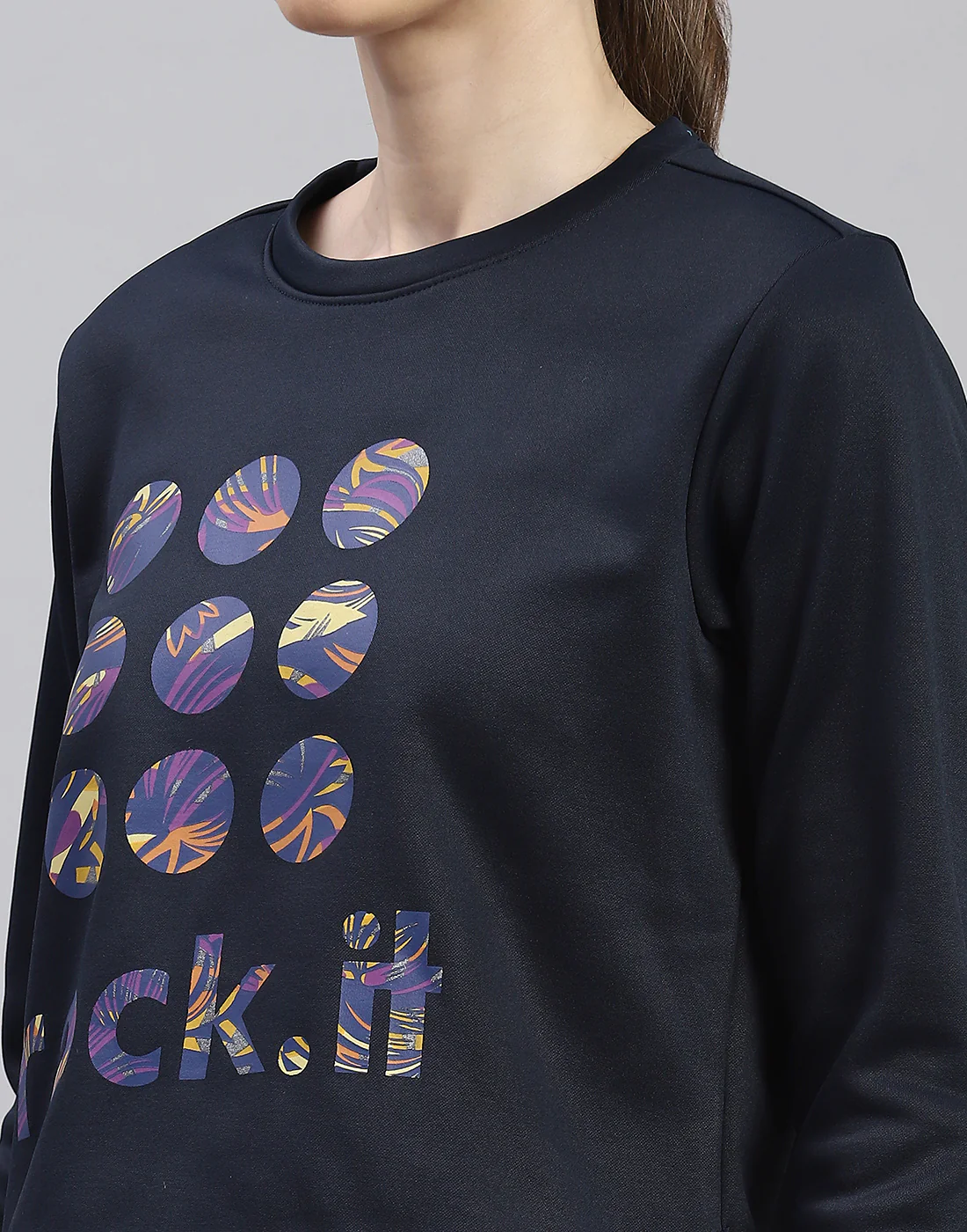 Rock.it Women Navy Blue Printed Round Neck Full Sleeve Sweatshirt - Image 6