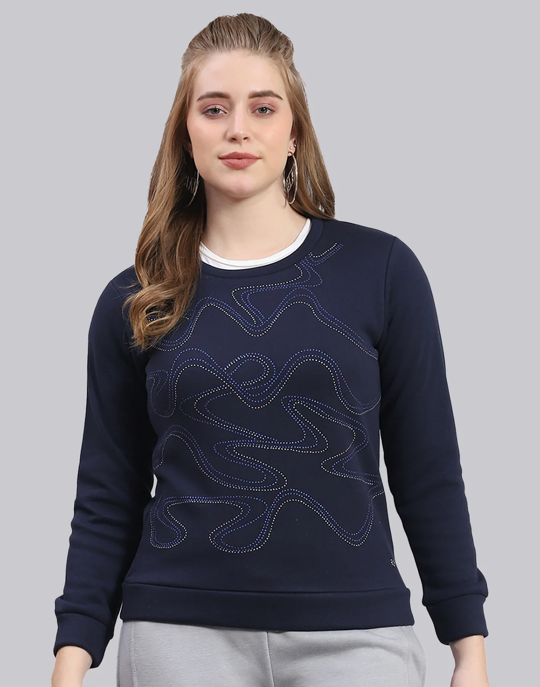 Women Navy Blue Printed Round Neck Full Sleeve Sweatshirt - Image 2