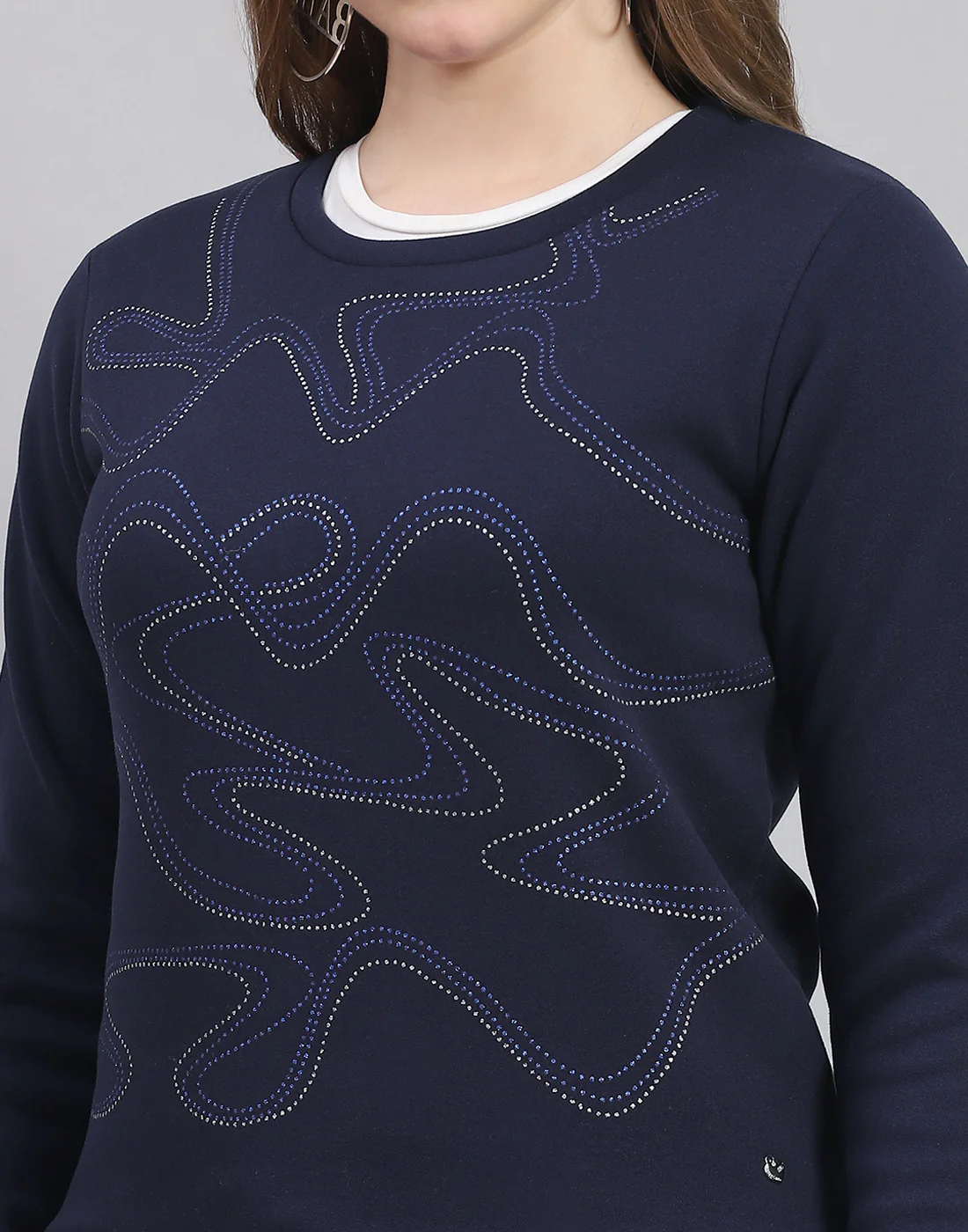 Women Navy Blue Printed Round Neck Full Sleeve Sweatshirt - Image 6